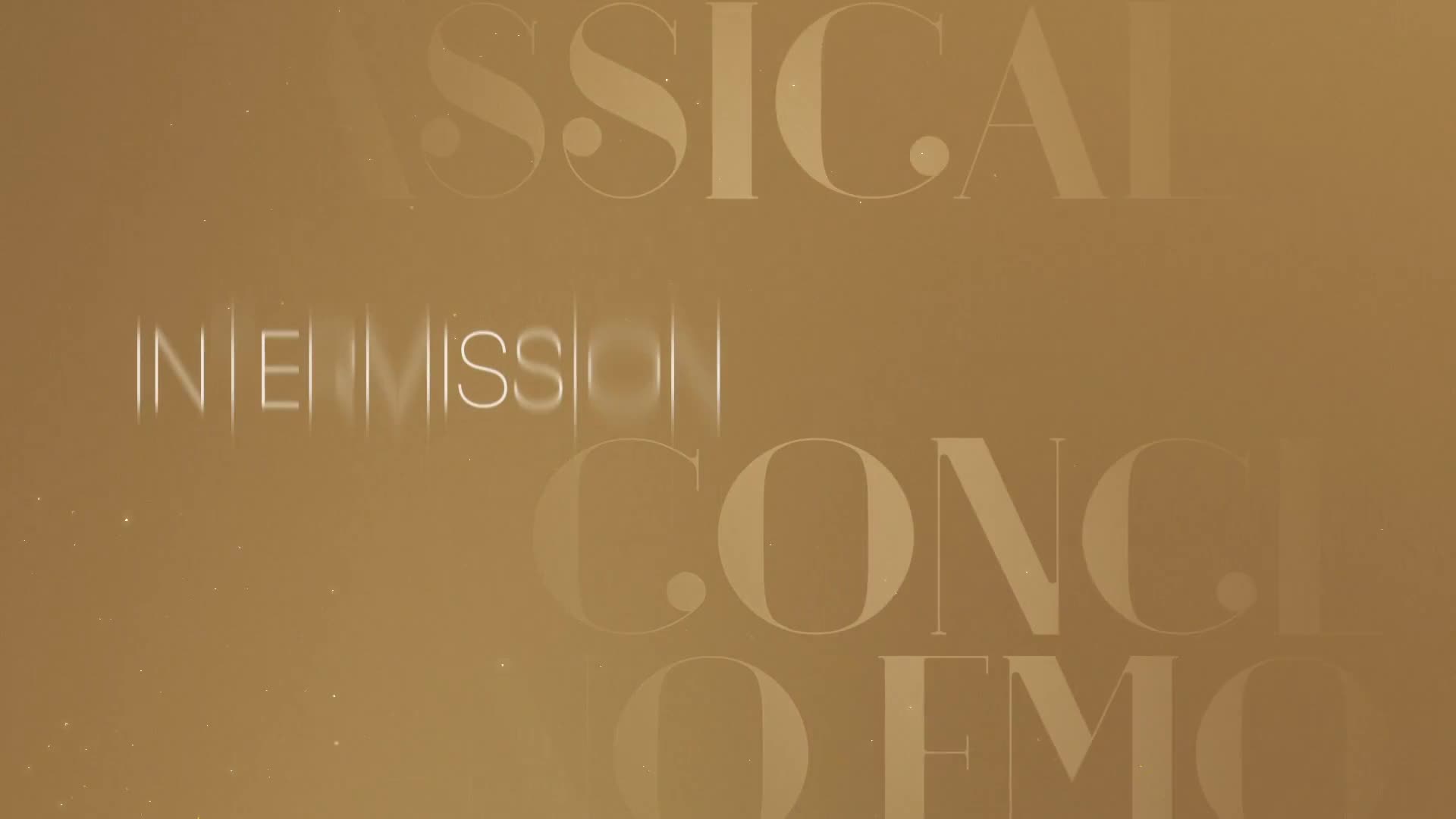"Intermission" shimmers in a thin, elegant font, centered on a warm, golden background. Faint text of "Classical Concert" fades in and out, suggesting a Stingray Classica broadcast from Canada.
