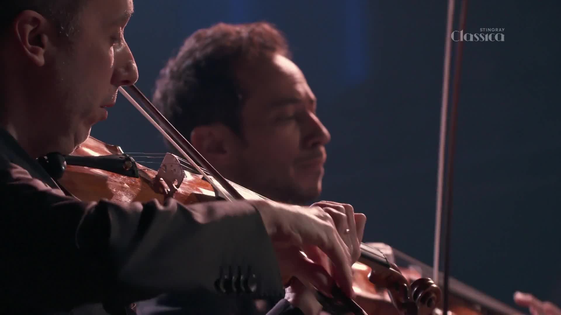 Two violinists, both in suits, focus intently on their instruments. Their bows move across the strings as they play, a performance likely broadcast on Stingray Classica from Canada.
