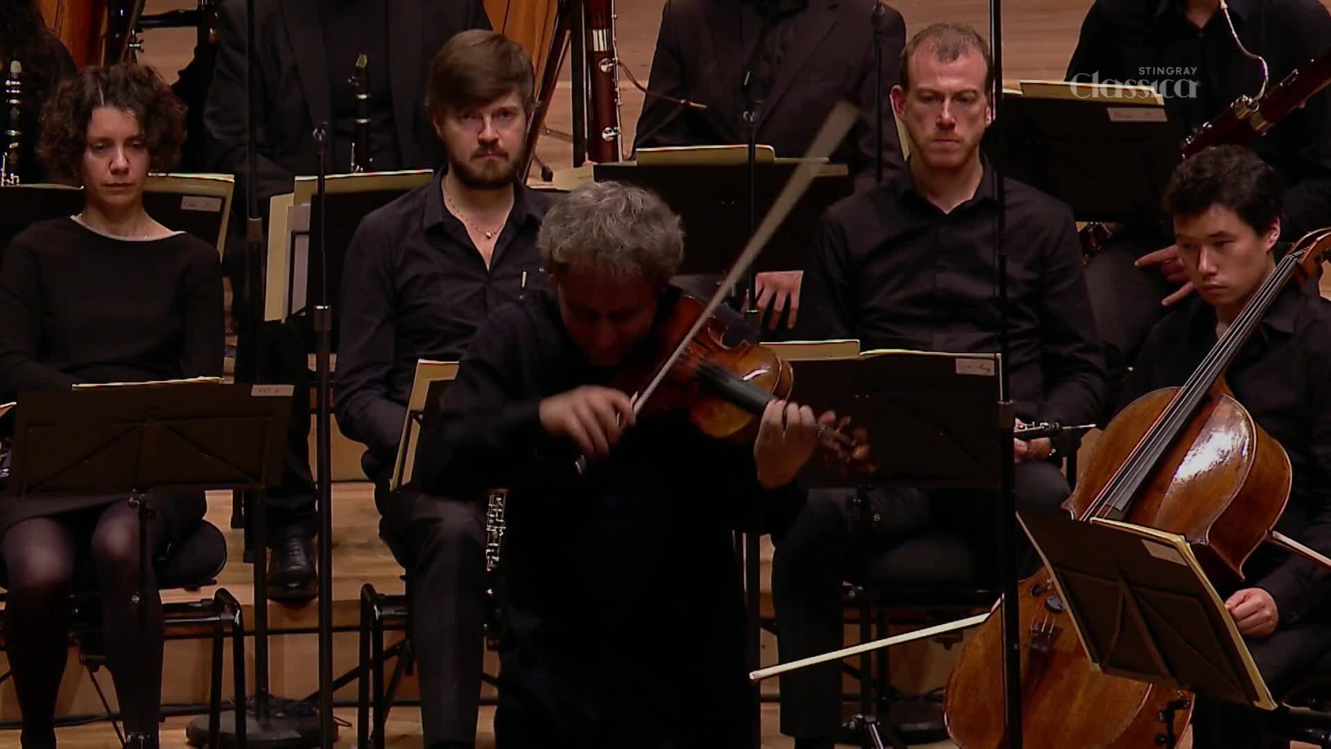 The violinist's bow dances across the strings, his concentration intense as he leads the orchestra. Other musicians sit quietly, poised with their instruments, ready to join in the performance broadcast by Stingray Classica in Canada.
