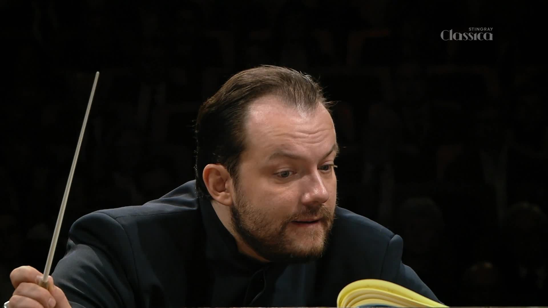 The conductor's eyes dart across the orchestra as his baton cuts the air. He's leaning forward, clearly engrossed in the music broadcast on Stingray Classica from Canada.
