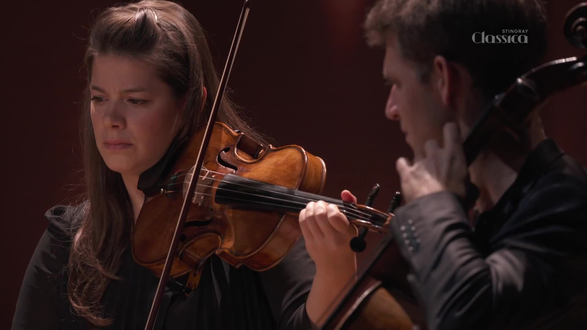 A violinist draws her bow across the strings, her face intent on the music. Beside her, a cellist's fingers dance over the fingerboard, his instrument held firmly.
