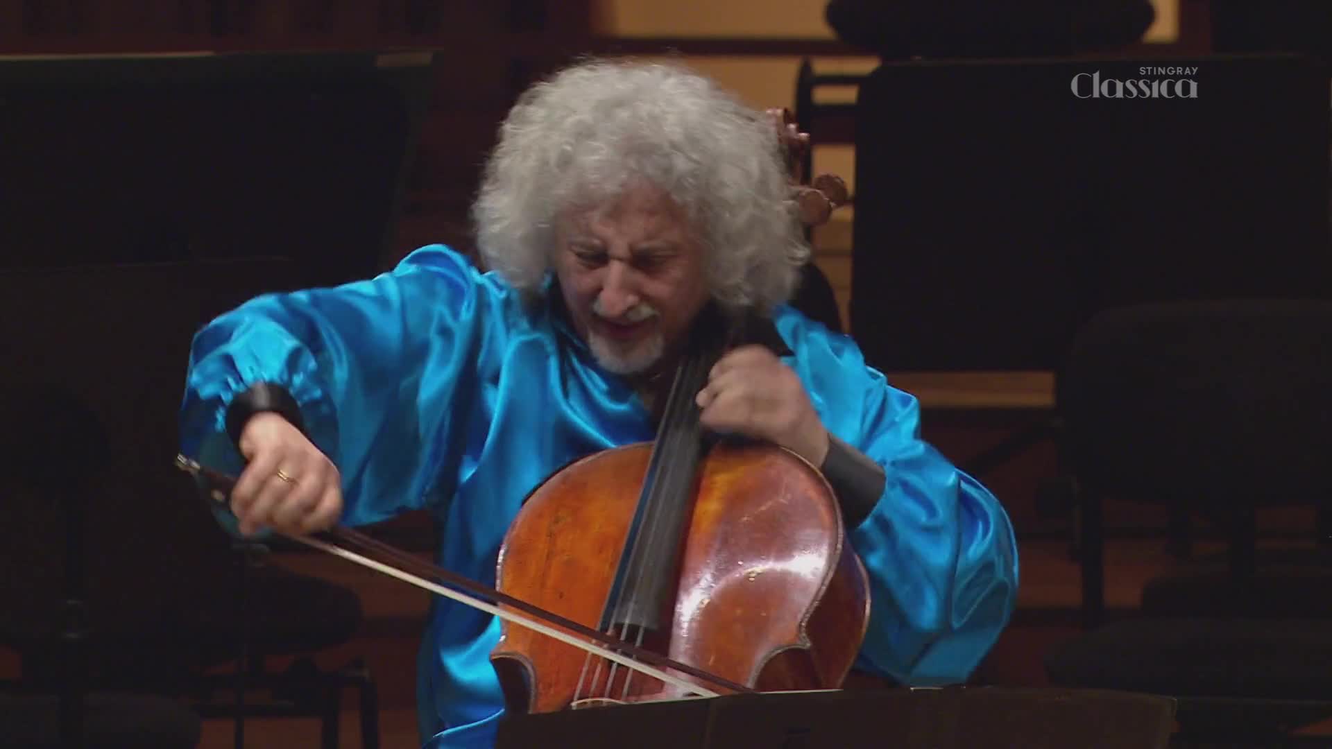 The cellist, in a bright blue shirt, leans into his instrument, his bow moving across the strings. The Stingray Classica logo is visible in the background, likely from a concert in Canada.
