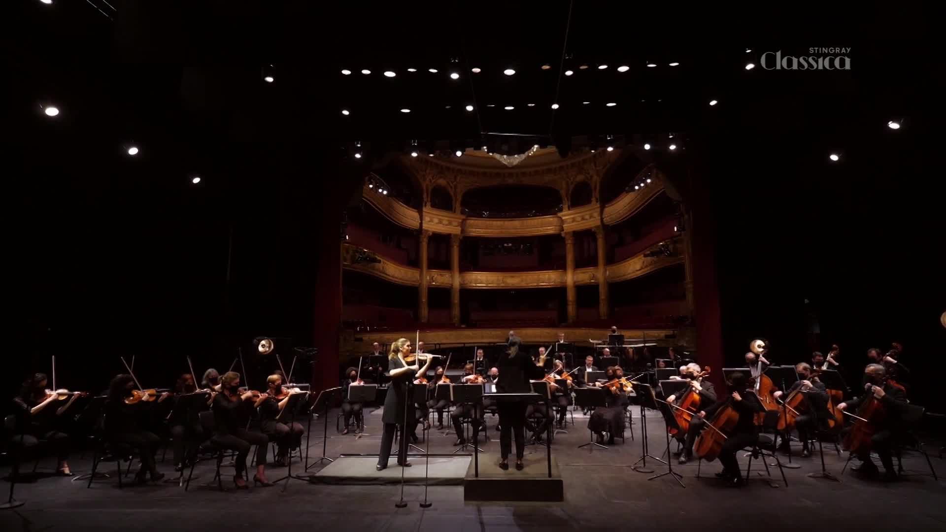 A conductor gestures with both arms, guiding a string orchestra on a stage. The musicians, bathed in stage lights, are focused on their instruments and the music.
