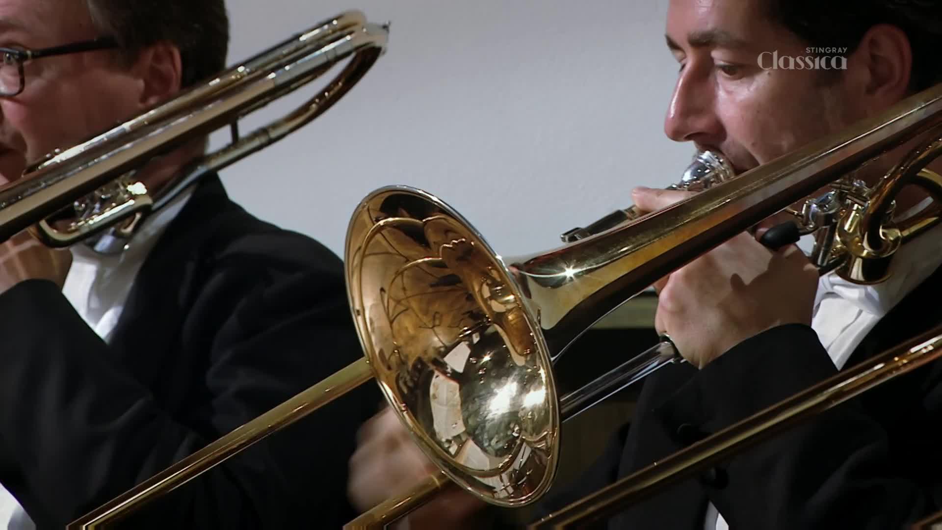 The musicians, dressed in black, are focused on their instruments.  Trombones gleam in the light as they play, the slides moving in and out.
