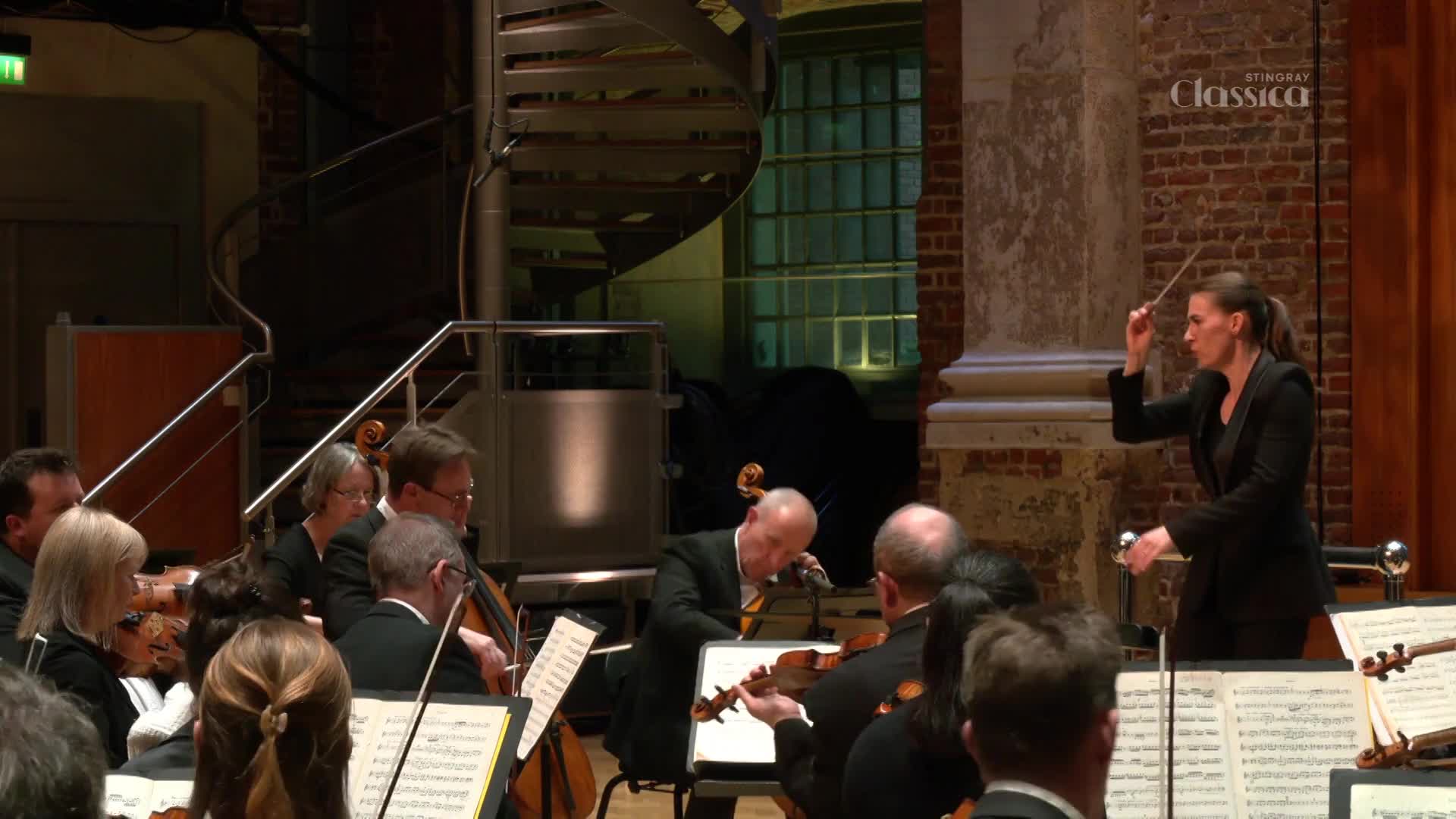 The conductor's baton rises and falls, guiding the musicians in a performance.  Violin bows move in unison, and the cellos are bowed with precision.
