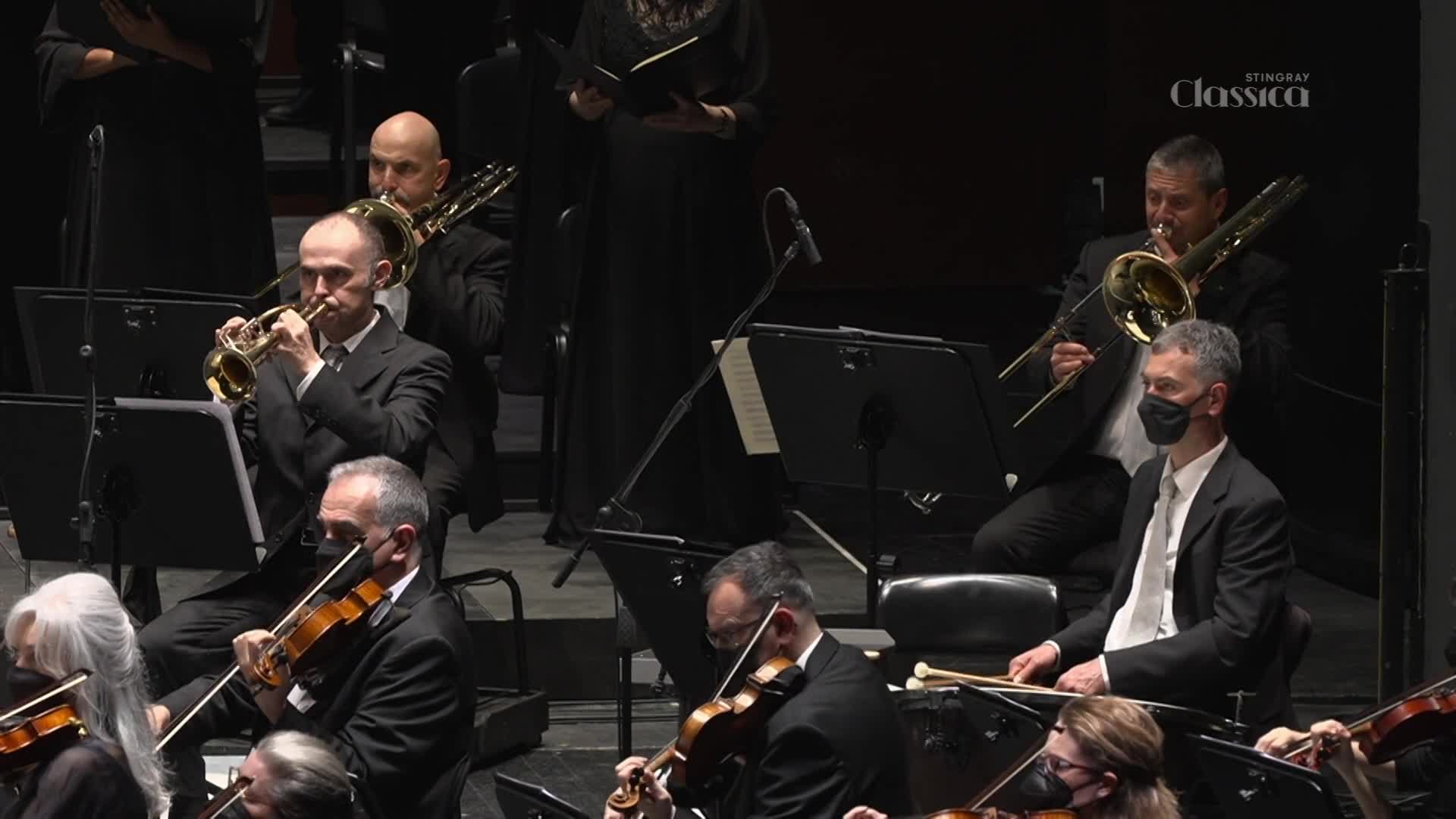 Brass instruments gleam under the stage lights as musicians in formal wear play. The Stingray Classica logo is visible in the background, suggesting a performance is underway.
