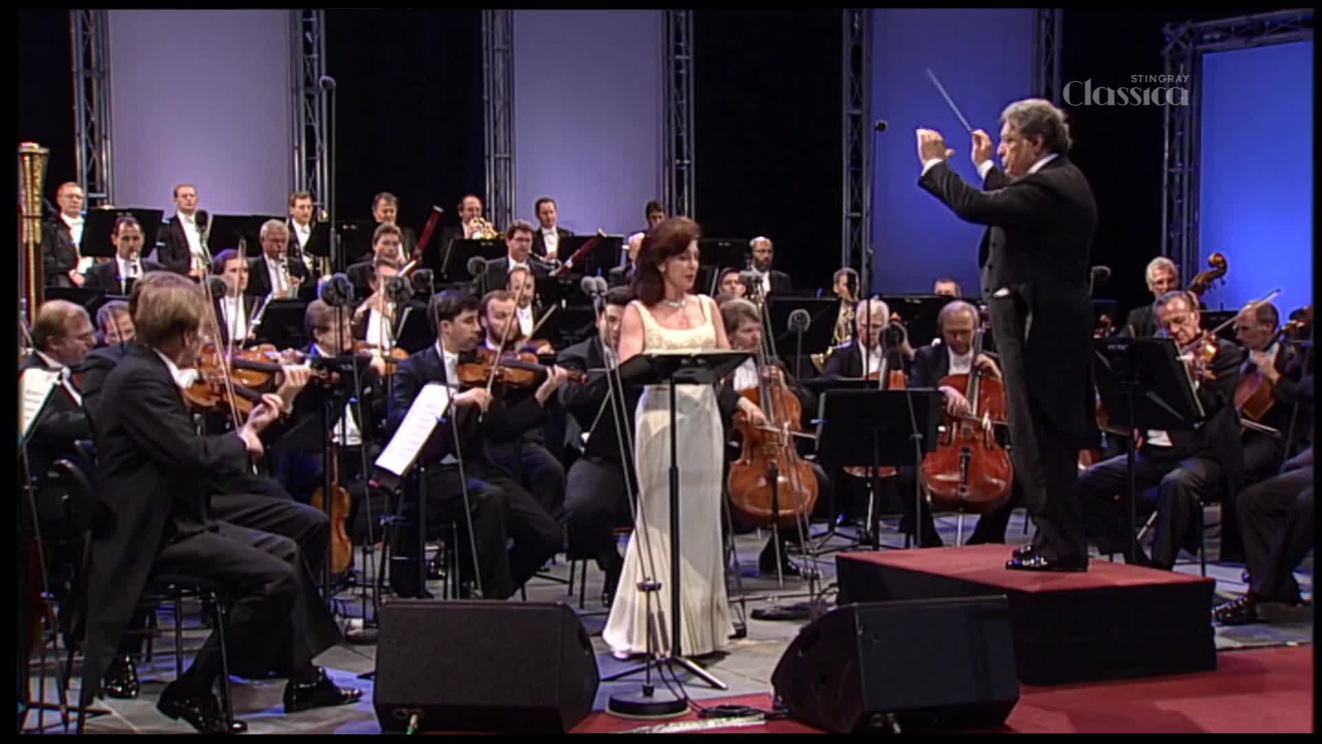 The conductor's baton slices through the air, directing the orchestra and a woman in a long white dress. The musicians, dressed in black, are focused on their instruments, ready to follow the conductor's lead.
