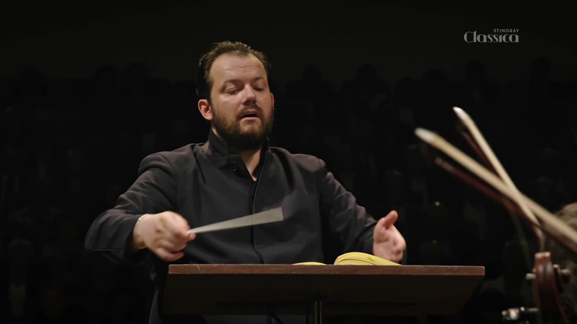 The conductor's baton sweeps across the air, guiding the orchestra through a piece broadcast by Stingray Classica.  The bows of string instruments blur in the foreground as the music swells.
