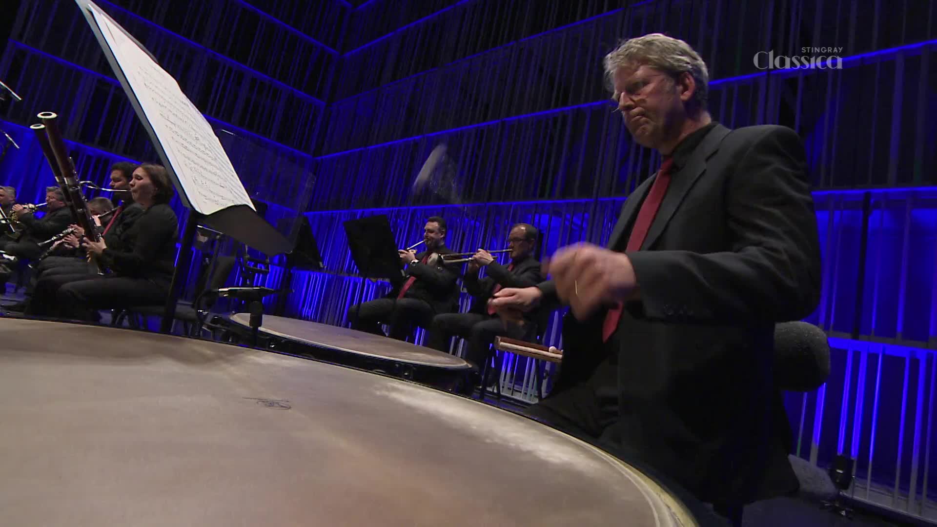 The timpani player's mallets are a blur as he strikes the drum, while a bassoonist in the background plays her instrument. The Stingray Classica logo is visible on the blue, rippling backdrop.