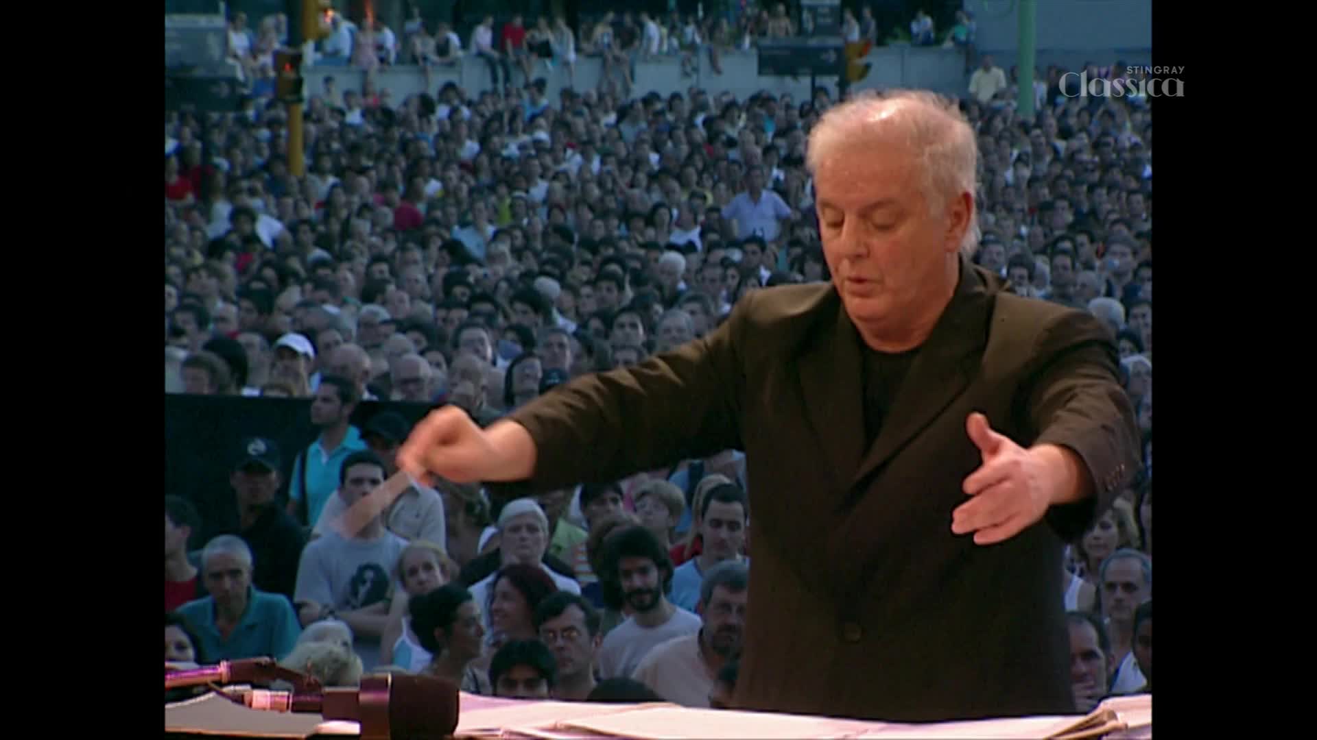 The conductor’s baton moves with purpose, guiding a massive outdoor crowd.  A sea of faces stretches behind him, a testament to the Stingray Classica broadcast reaching far across Canada.