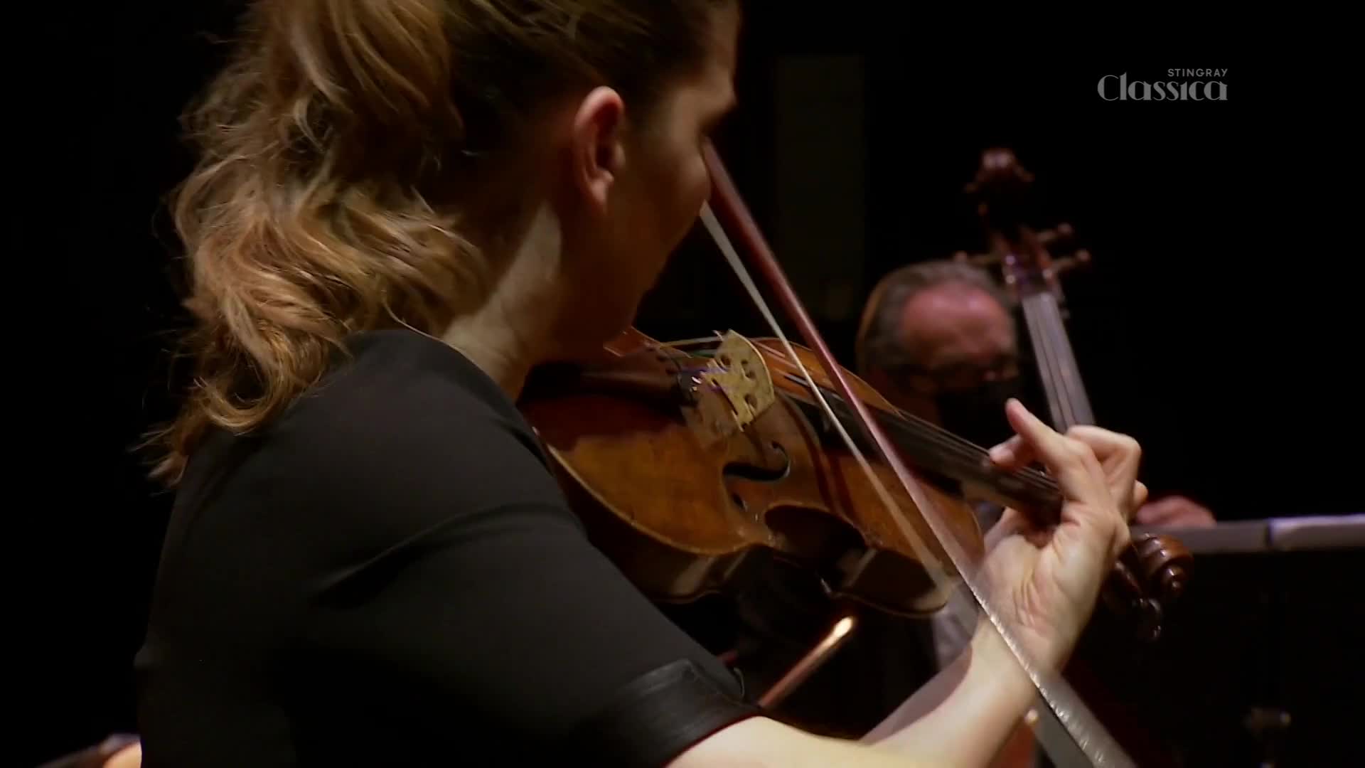 The violinist's bow glides across the strings, her fingers poised on the fingerboard. Behind her, a cellist plays, his instrument a deep, resonant presence.