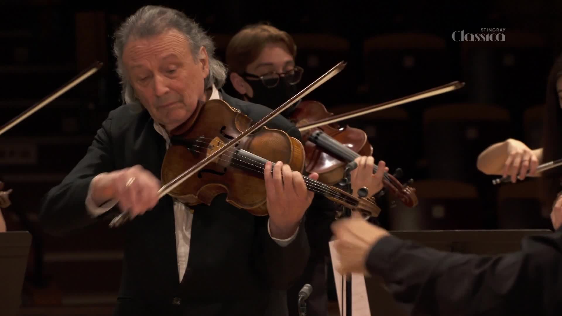 The lead violinist's bow dances across the strings, his fingers a blur of motion on the fingerboard. Behind him, other musicians in the orchestra lean into their instruments, their bows moving in unison.