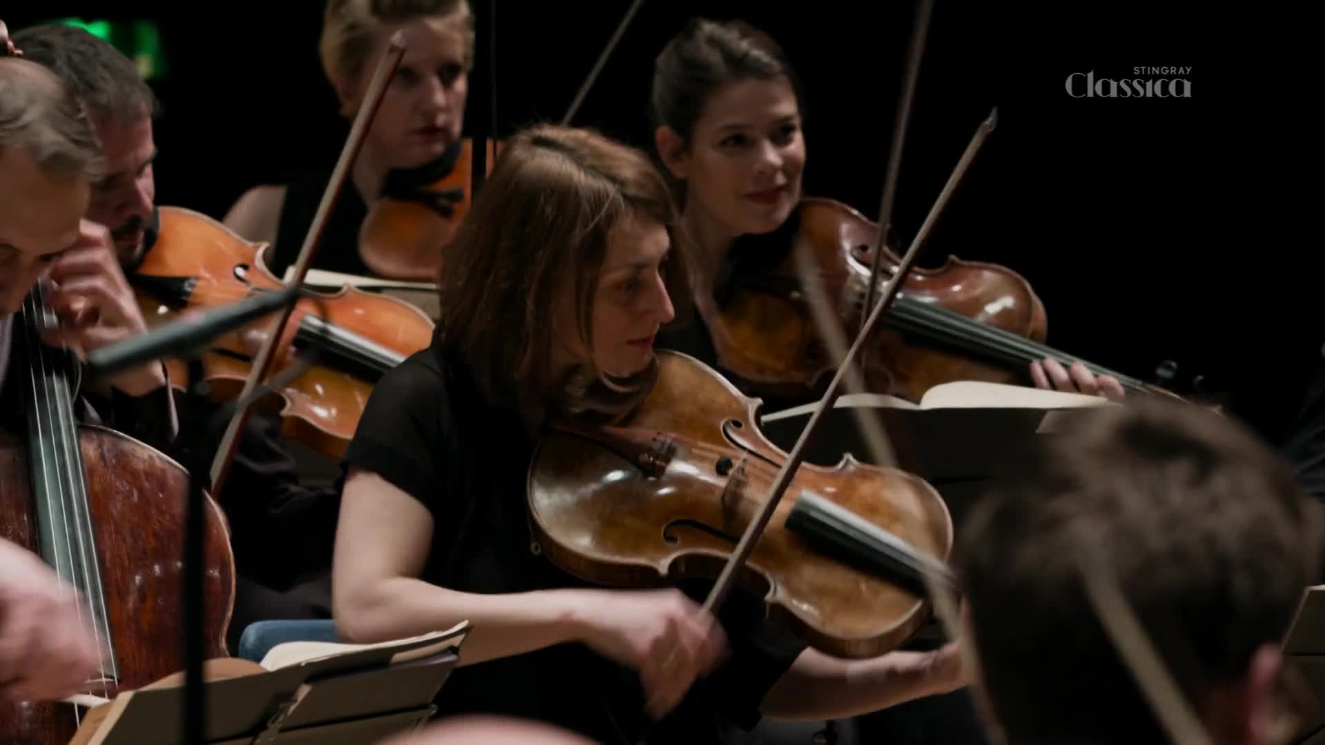 A woman in a black shirt draws her bow across a violin, her eyes focused on the sheet music. Beside her, another musician plays a cello, its polished wood gleaming under the stage lights.