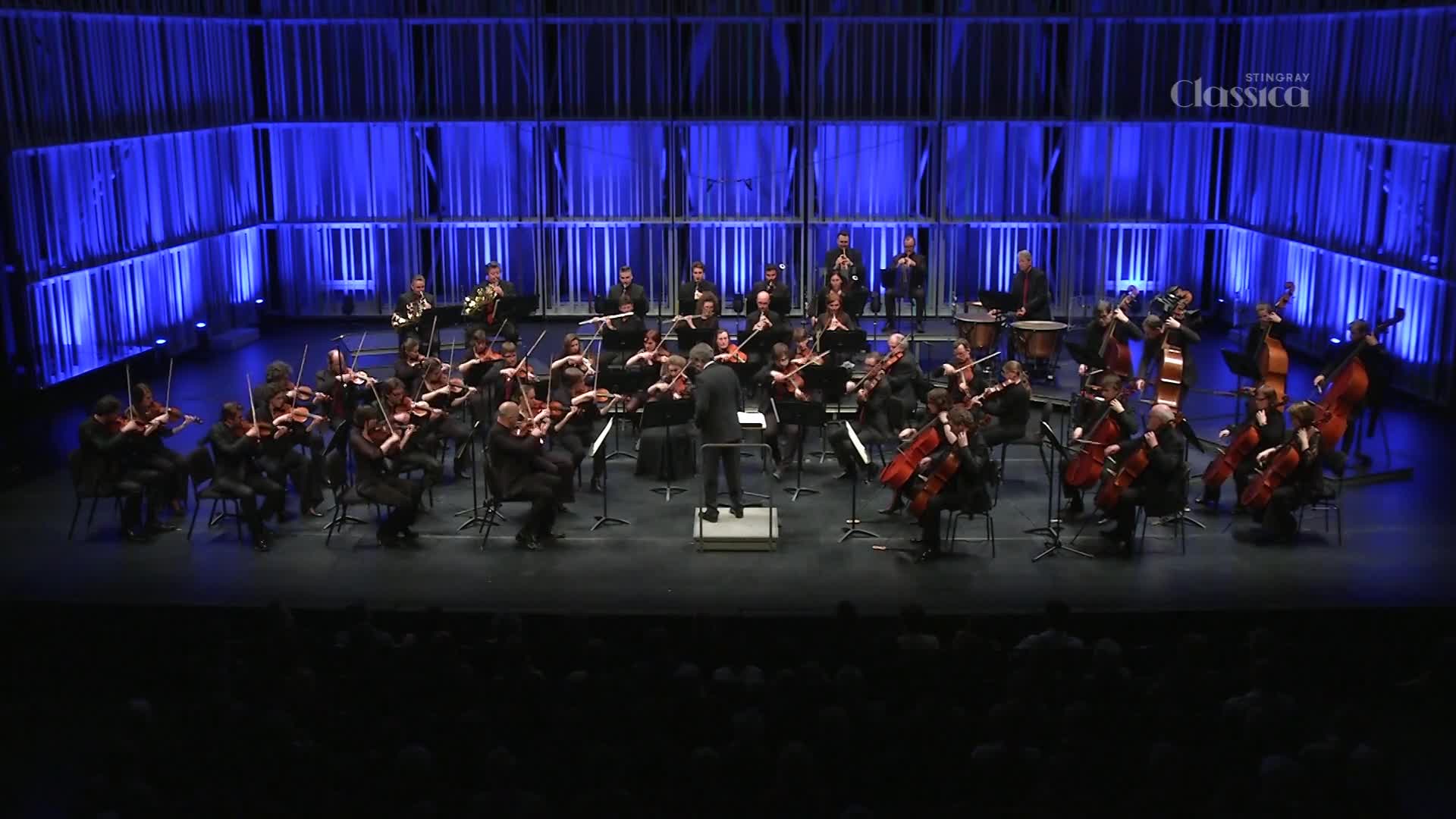 The orchestra is playing, bows moving in unison across strings. A conductor stands on a raised platform, guiding the musicians.