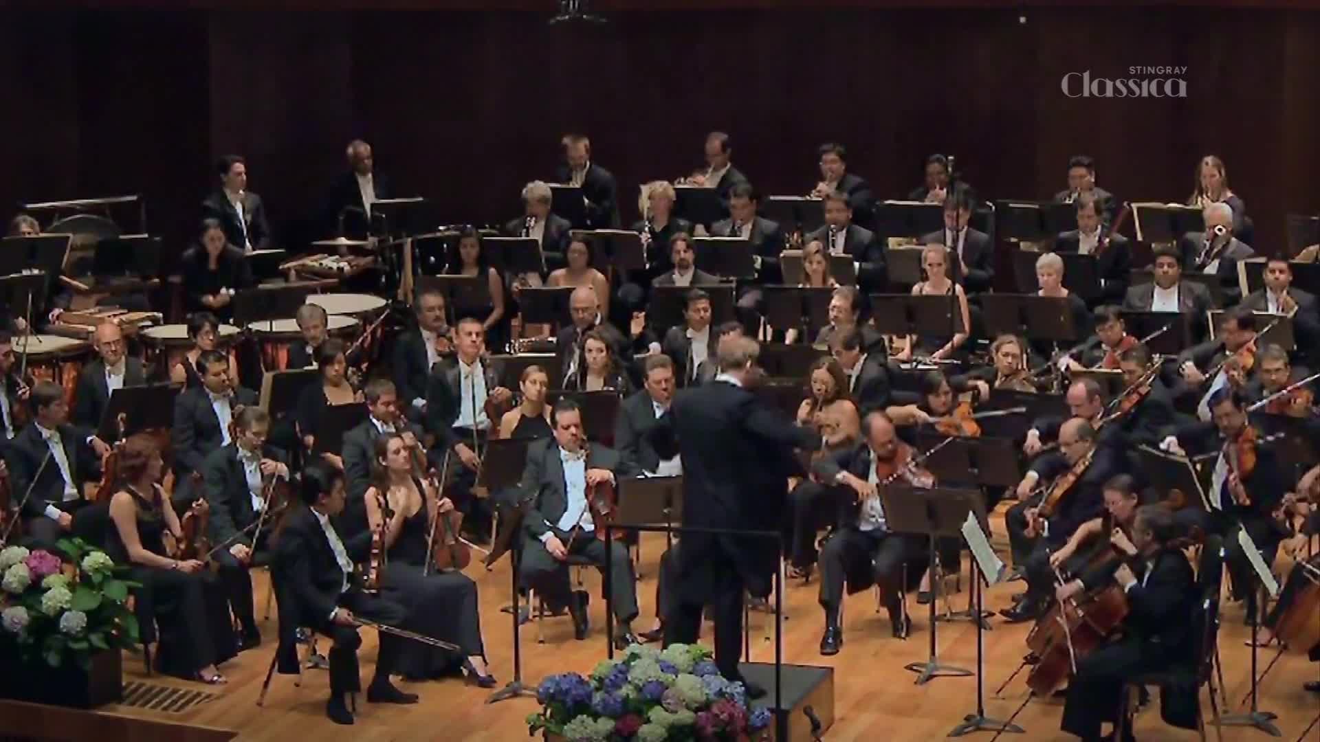 The conductor, facing away from me, raises his baton.  Musicians in formal attire are poised with their instruments, ready to play.