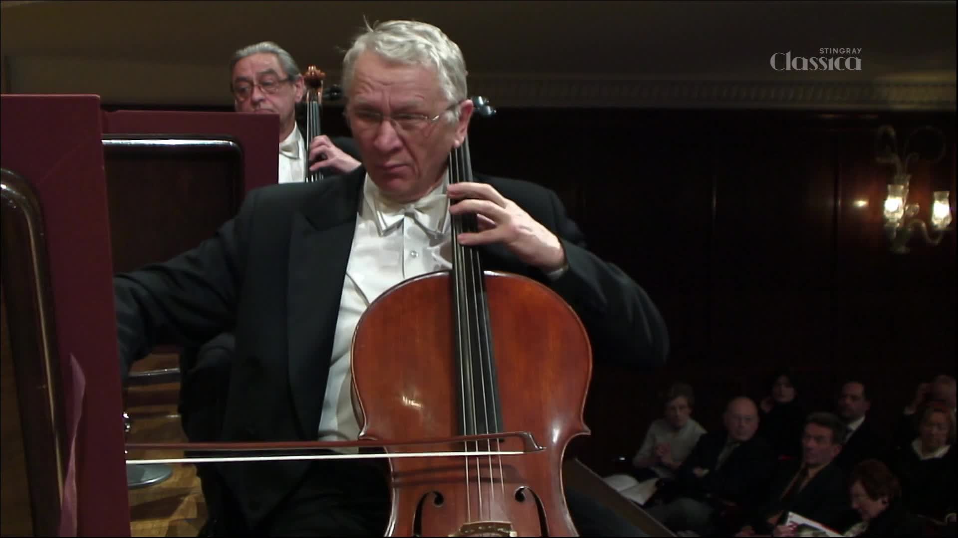 A cellist in a tuxedo plays his instrument, his bow gliding across the strings. Behind him, another musician tunes his cello, and an audience watches from the dim hall. A cellist in a tuxedo plays his instrument, his bow gliding across the strings. Behind him, another musician tunes his cello, and an audience watches from the dim hall.