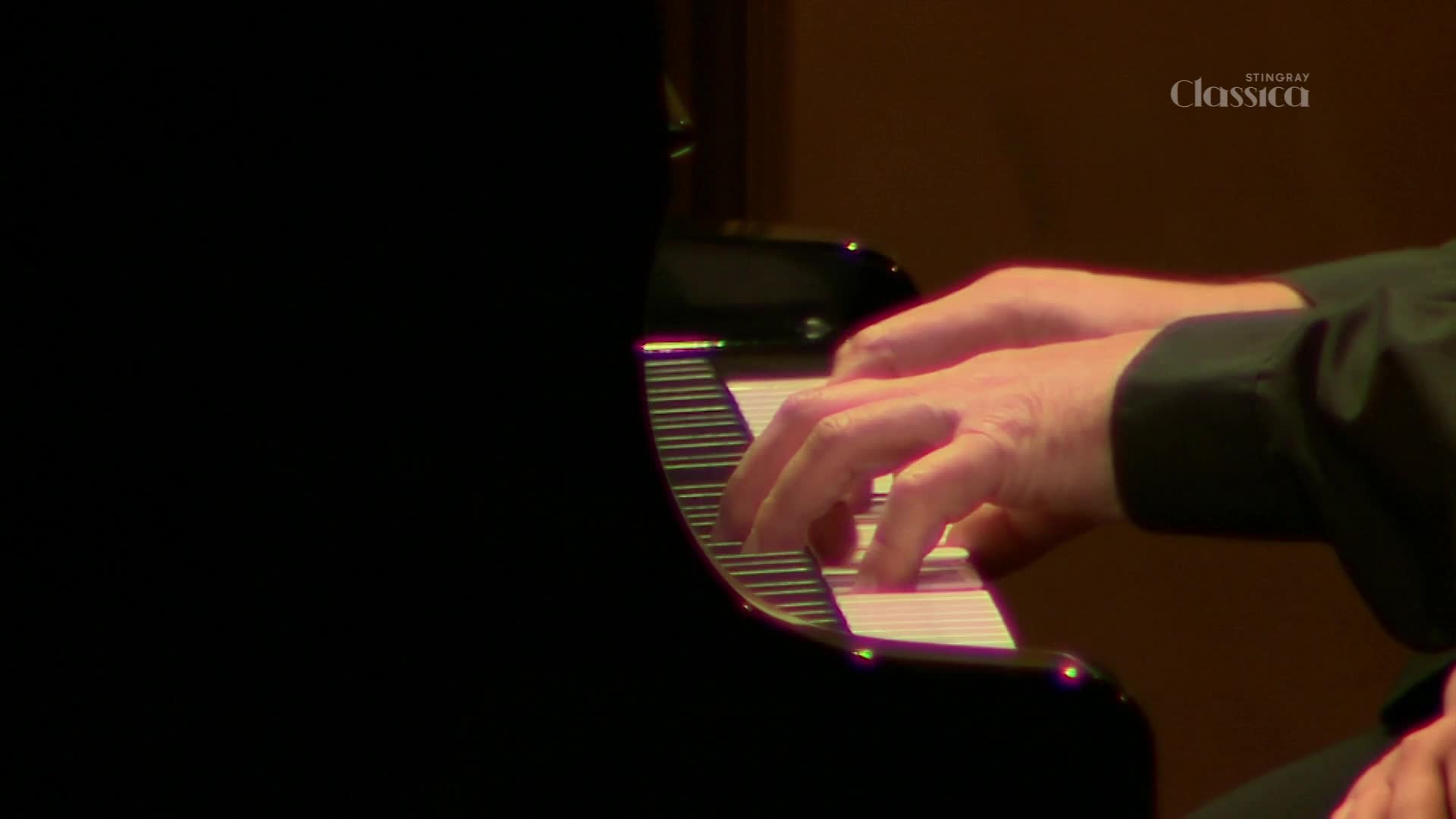 Fingers dance across the piano keys, their movement fluid and precise. The polished black surface of the instrument reflects the soft stage lights.