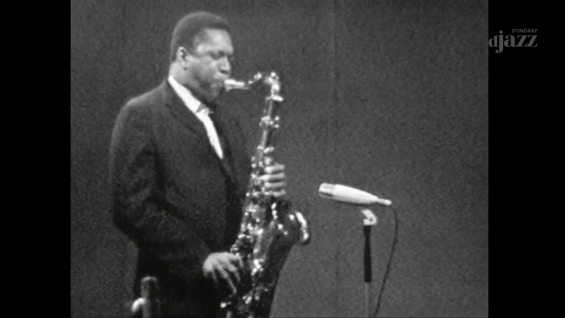 A man in a suit holds a saxophone, his breath forming the music. The Stingray DJAZZ logo is in the corner, and a microphone stands ready.
