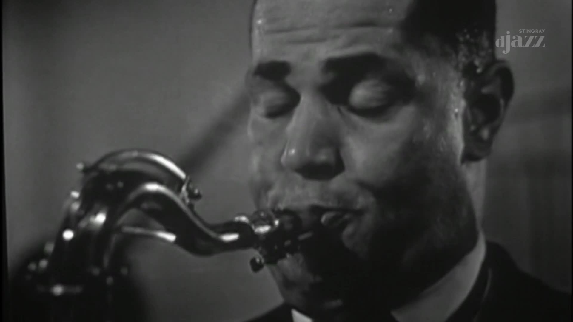 A man in a dark suit blows into a saxophone, his eyes closed in concentration. The Stingray DJAZZ logo is in the corner, a reminder of the Canadian broadcast.
