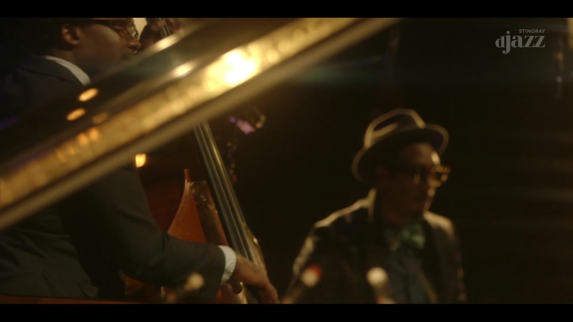 A bassist in a suit leans into his instrument, his fingers dancing over the strings.  Across the stage, a man in a fedora is partially visible, bathed in the warm light of a Canadian jazz performance on Stingray DJAZZ.
