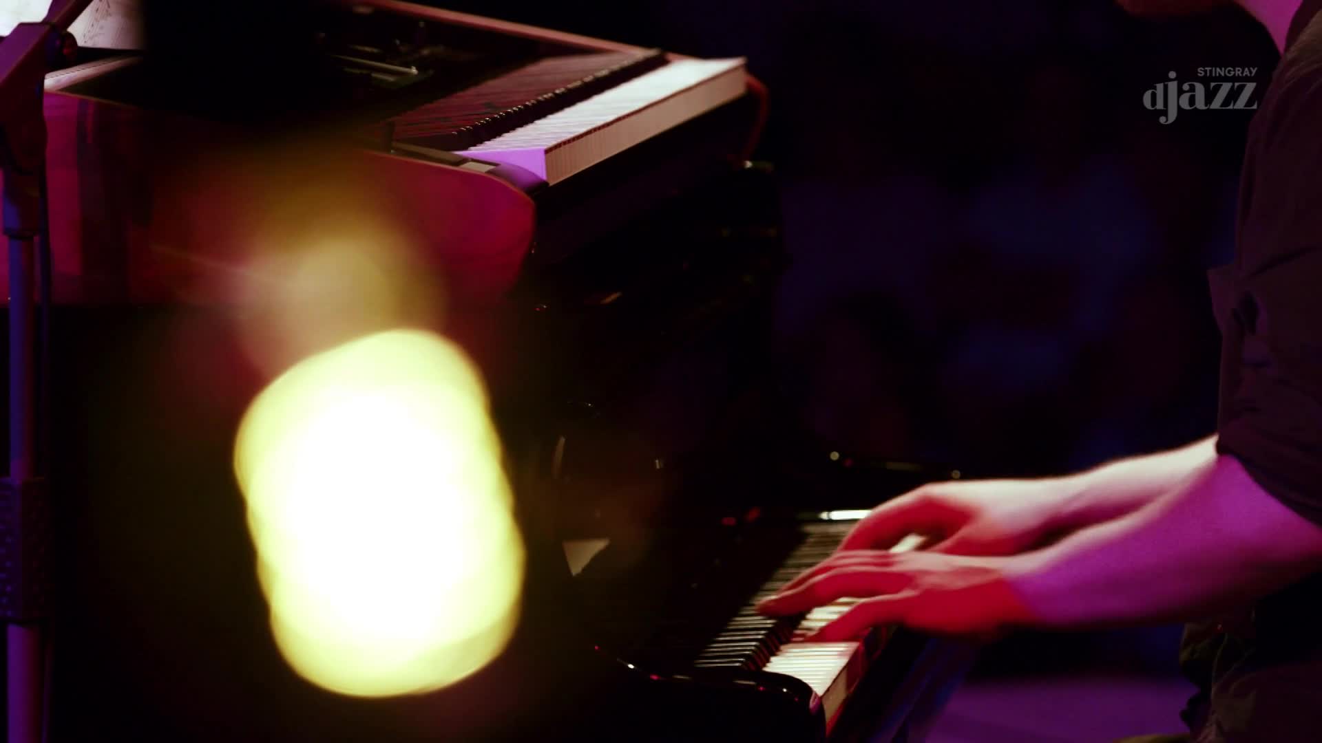 Fingers dance across the piano keys, a performance for Stingray DJAZZ in Canada. The polished black of the instrument reflects the stage lights.
