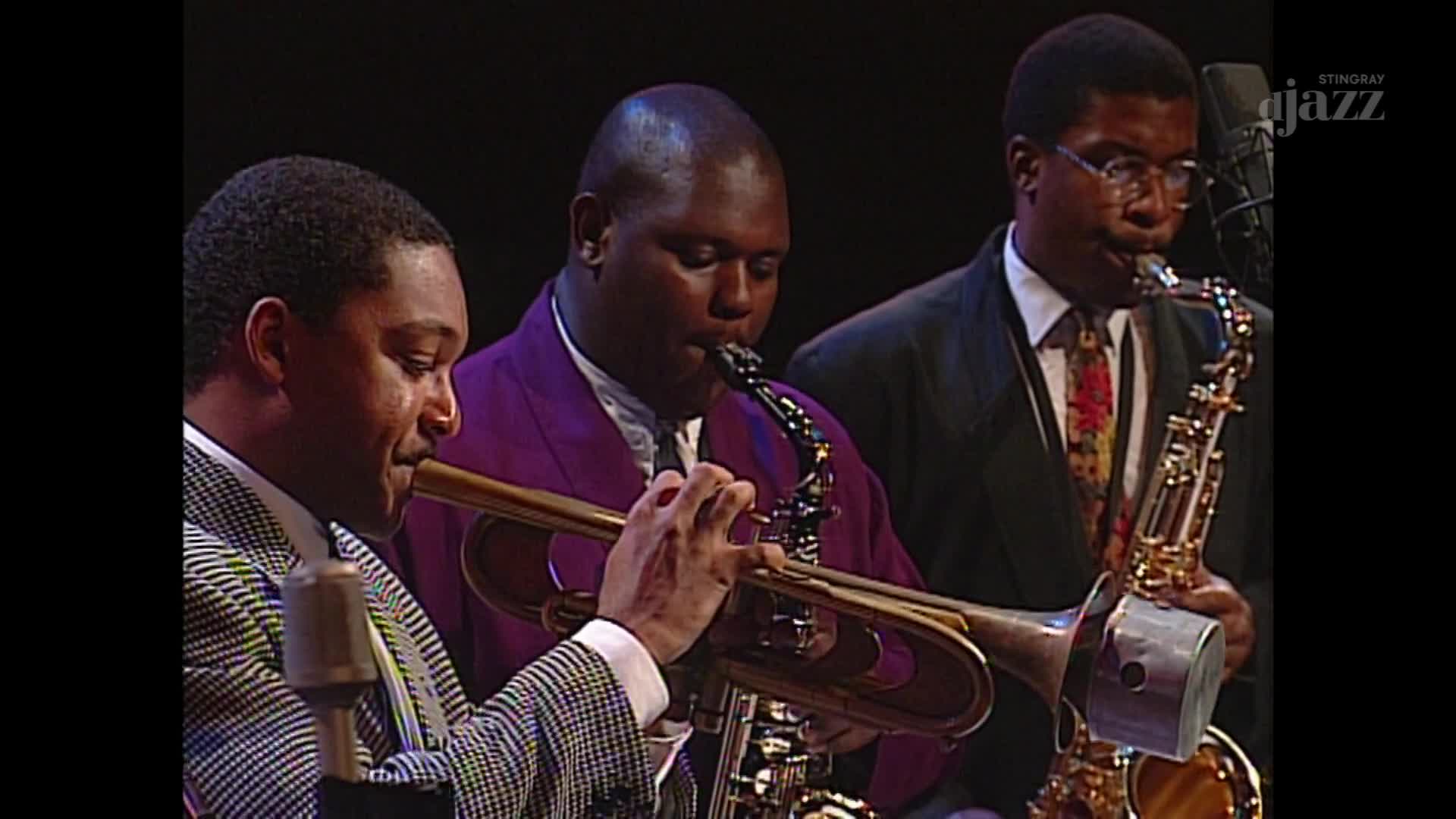 The trumpet player is blowing hard, cheeks puffed out, while the saxophonists on either side hold their instruments to their mouths. It's a Stingray DJAZZ performance, and the musicians are clearly in the zone.
