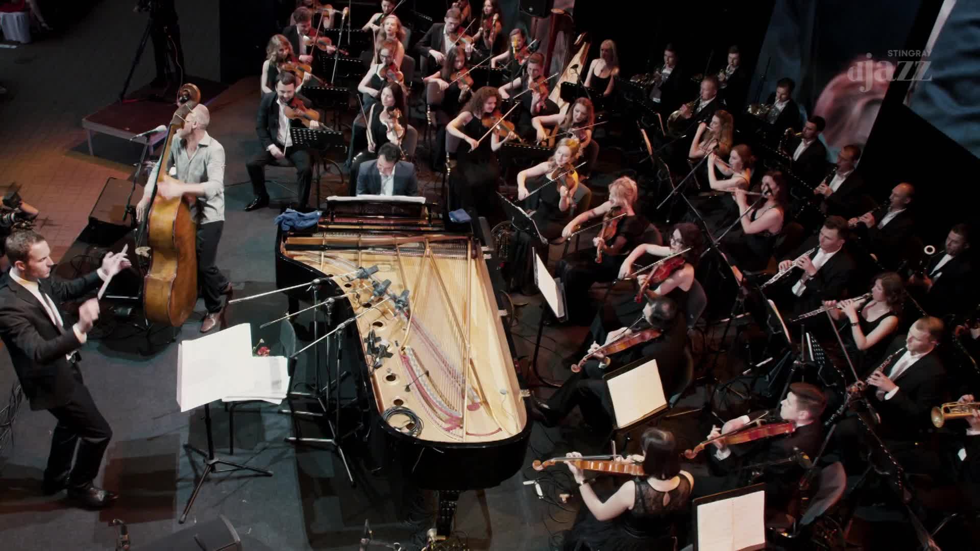 The conductor's arms are sweeping, guiding the musicians in a performance for Stingray DJAZZ. A double bass player stands to the side, while a grand piano sits center stage.
