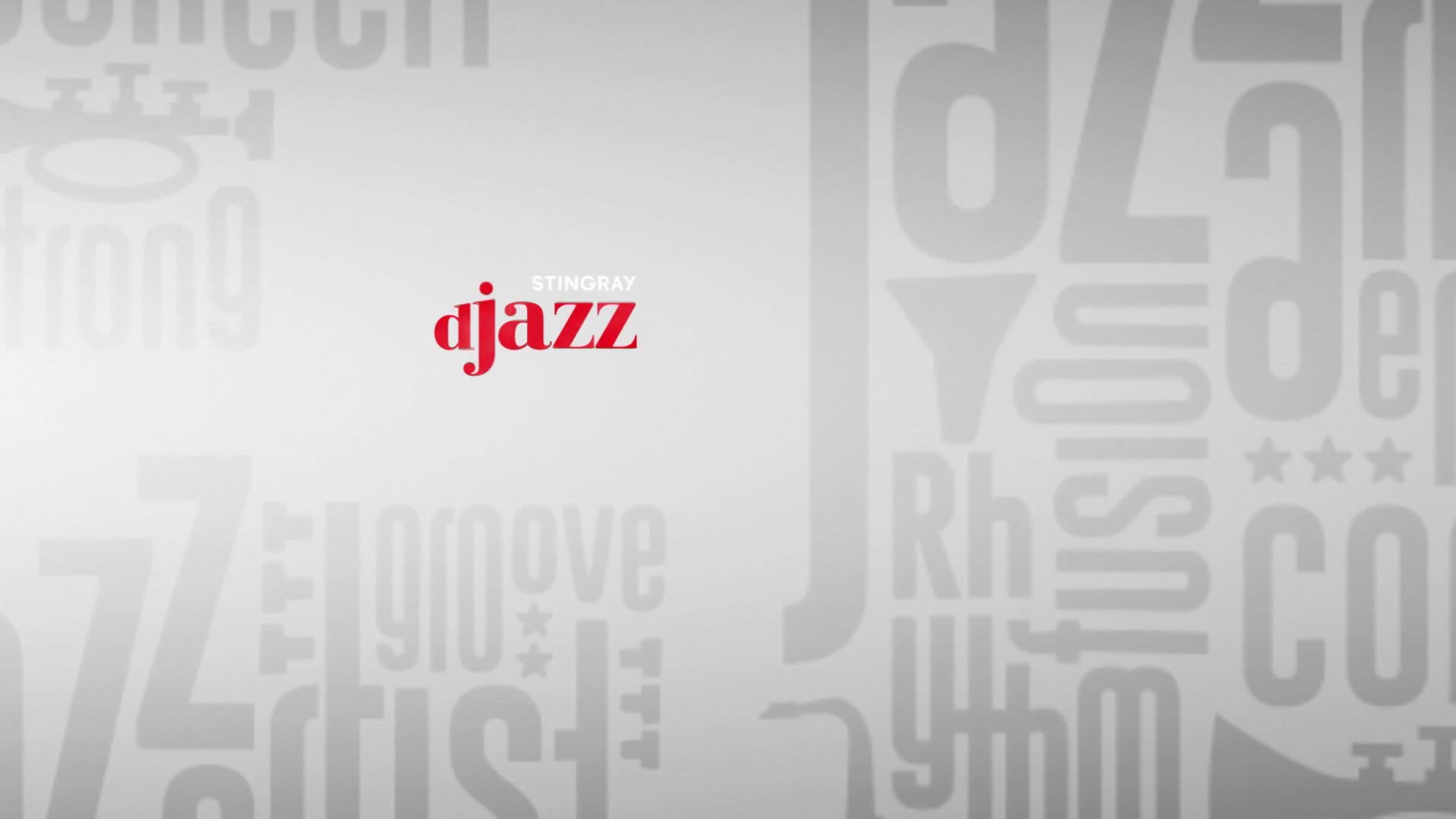 The Stingray djazz logo appears in red against a pale background. Faint, large grey letters spelling out jazz-related terms like "groove" and "fusion" fill the rest of the space. The Stingray djazz logo appears in red against a pale background. Faint, large grey letters spelling out jazz-related terms like "groove" and "fusion" fill the rest of the space.