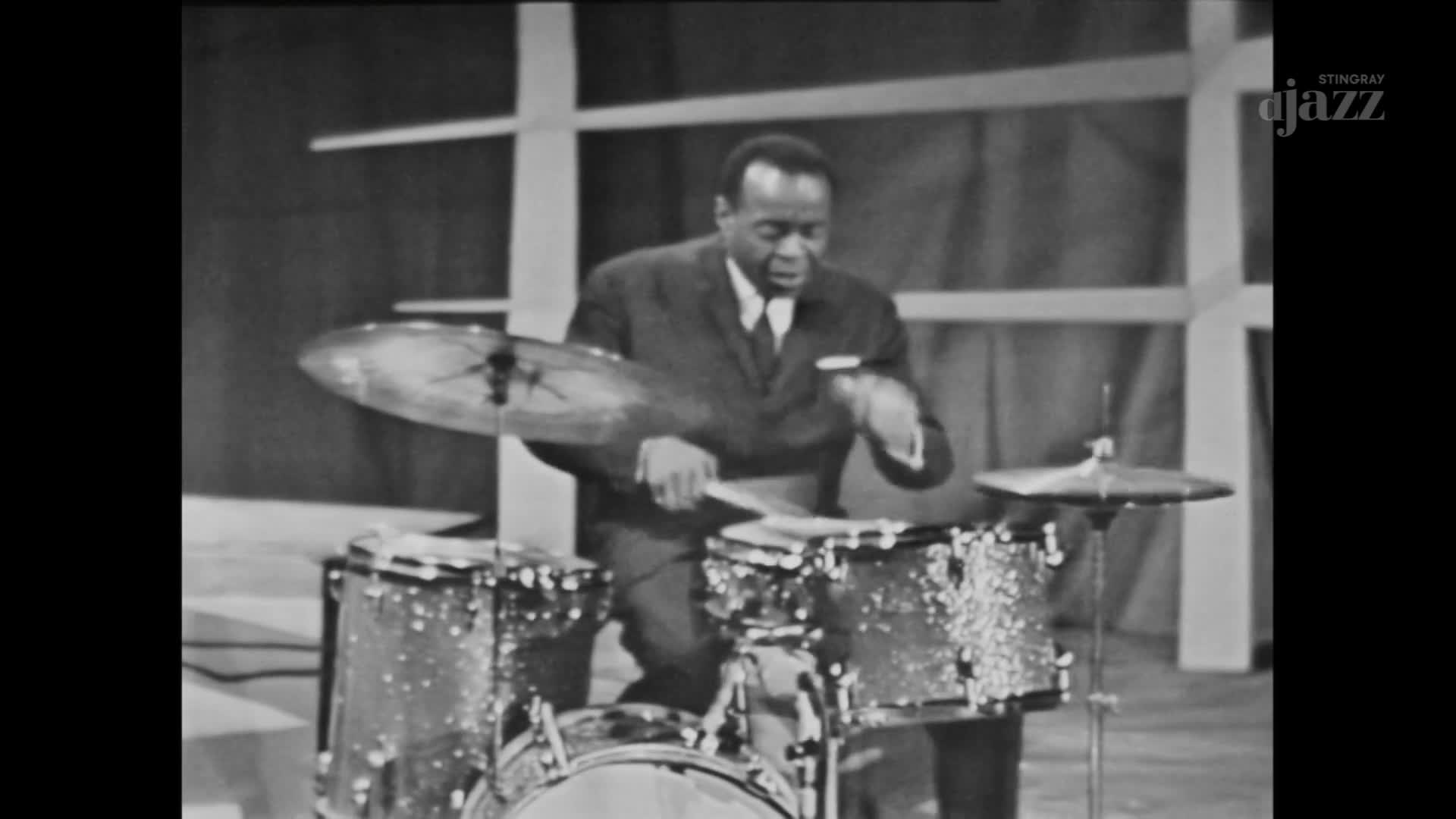 A drummer in a suit plays his kit, sticks a blur against the snare. The Stingray djazz logo appears on the right. A drummer in a suit plays his kit, sticks a blur against the snare. The Stingray djazz logo appears on the right.