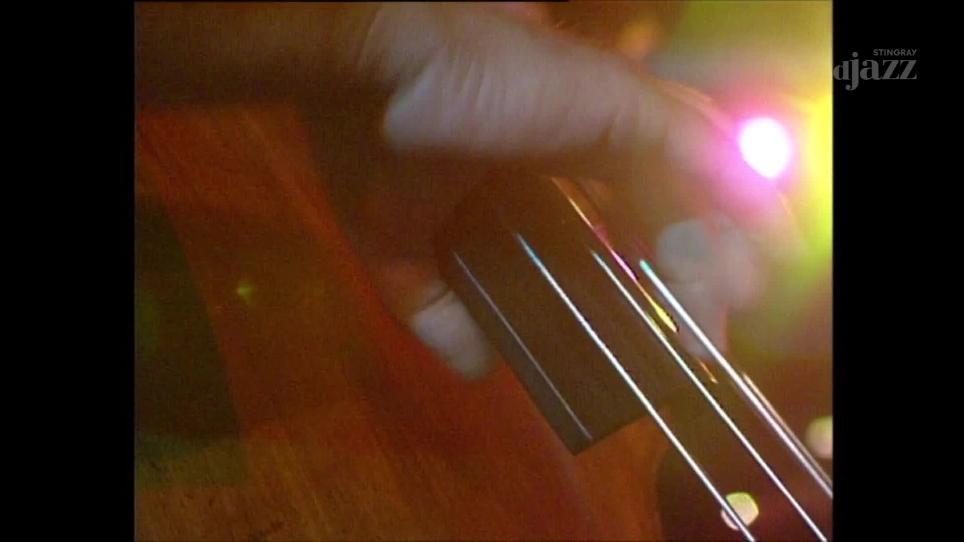 A hand presses down on the strings of a double bass, illuminated by a bright, colorful stage light. The Stingray DJAZZ logo is visible in the upper right corner.
