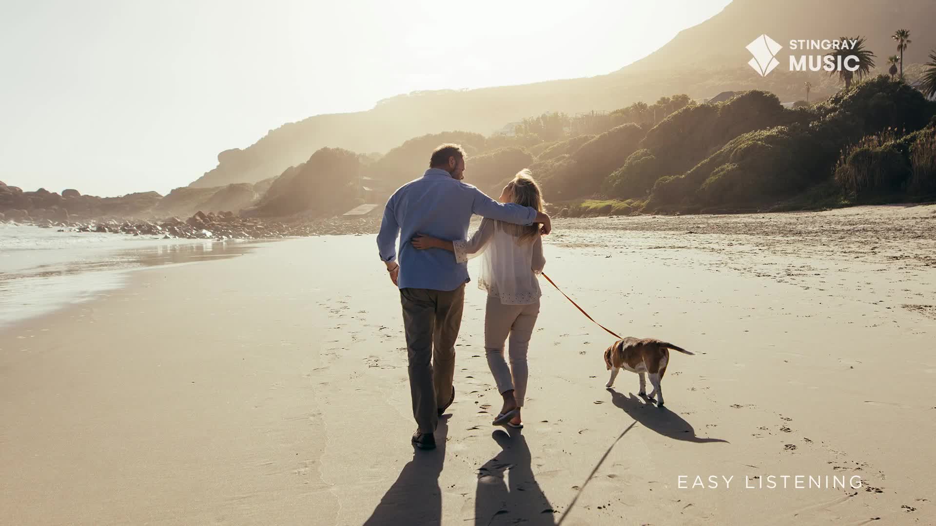 A couple strolls along the beach, the man's arm around the woman's shoulders, a dog trotting ahead on a leash. The warm sunlight bathes the scene, a perfect backdrop for Stingray Easy Listening.
