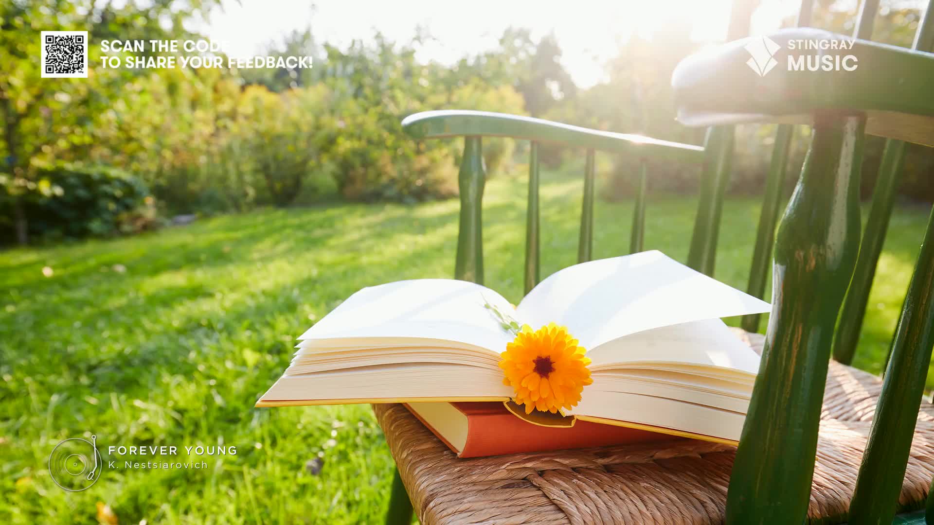 A book lies open on a wicker chair, a bright orange flower nestled between the pages. The scene is bathed in sunlight, evoking the feeling of a lazy afternoon, perhaps while listening to Stingray Easy Listening from Canada.
