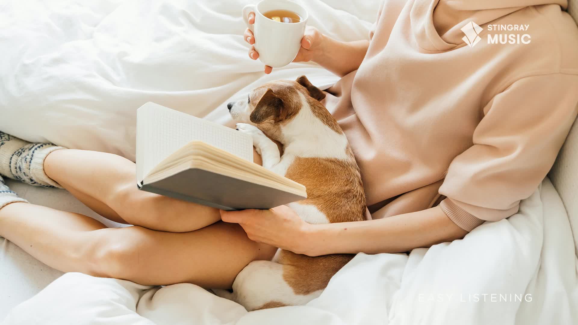 A person, wrapped in a blanket, holds a mug and a book while a small dog rests its head on the open pages. The scene feels cozy, like a perfect morning for Stingray Easy Listening from Canada.

