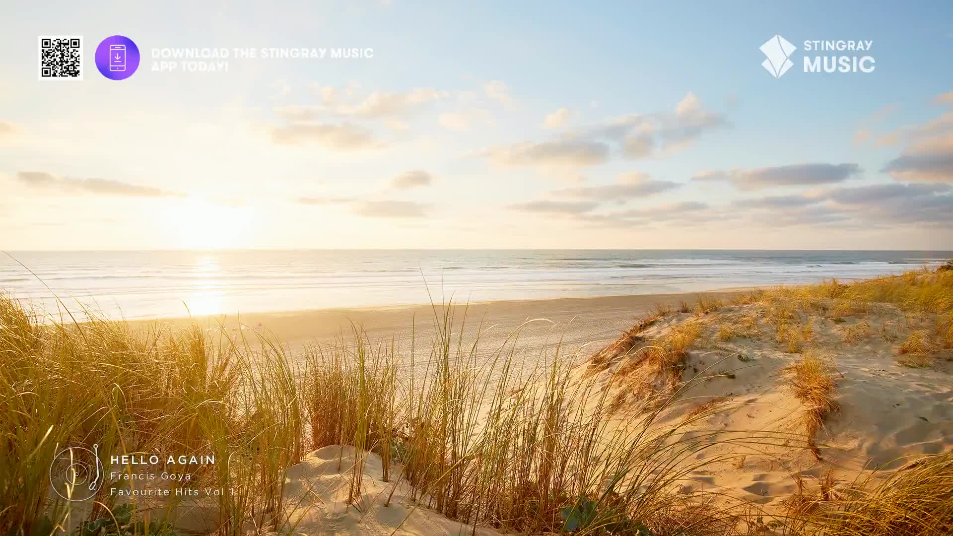 The sun is setting over the ocean, its light reflecting across the wet sand. Tall, dry grasses sway in the foreground, framing the tranquil beach scene, perfect for Stingray Easy Listening.
