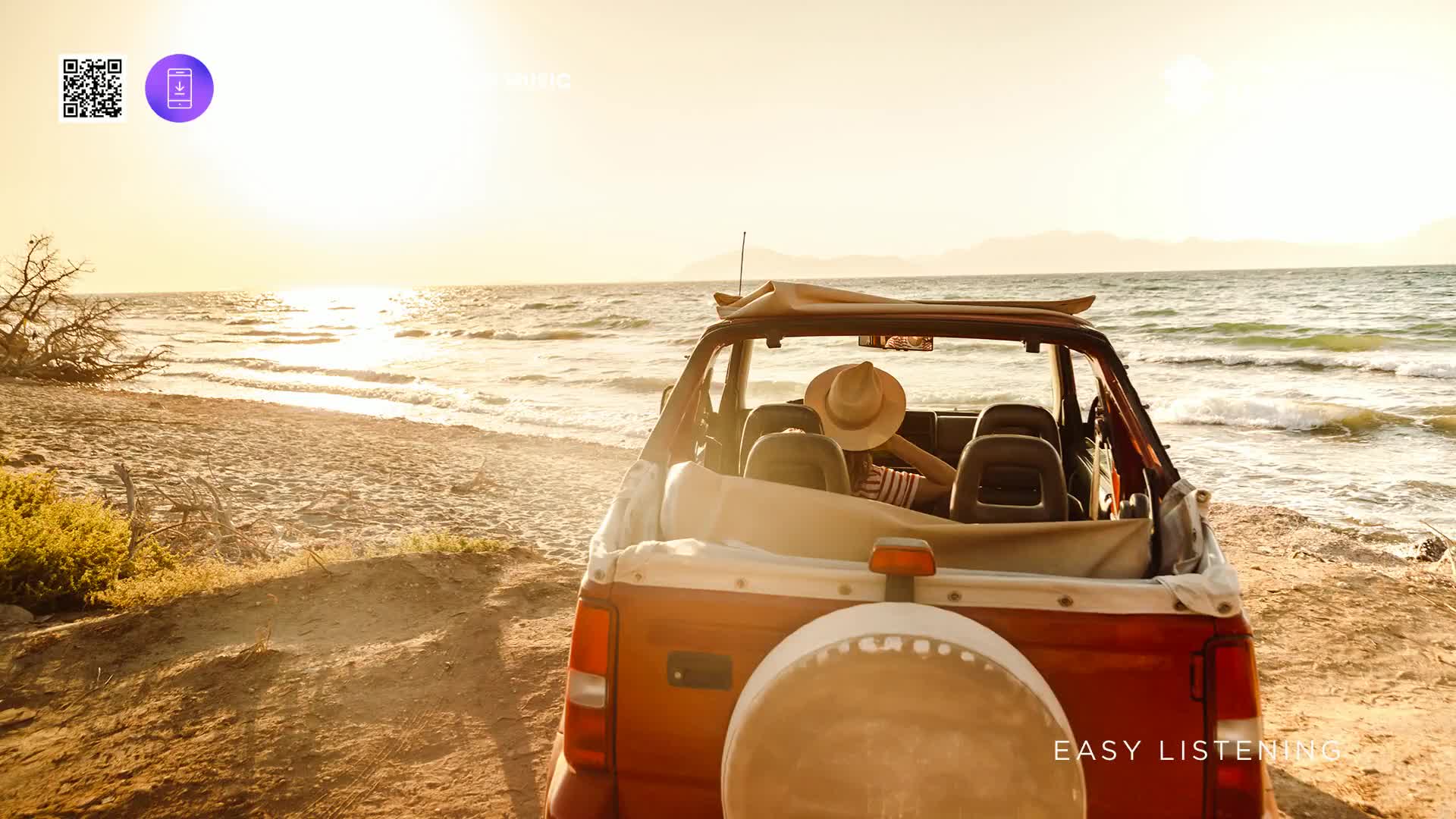 The sun dips low over the ocean, casting a warm glow on the sandy shore. A red convertible sits parked, its passenger enjoying the view with a wide-brimmed hat.