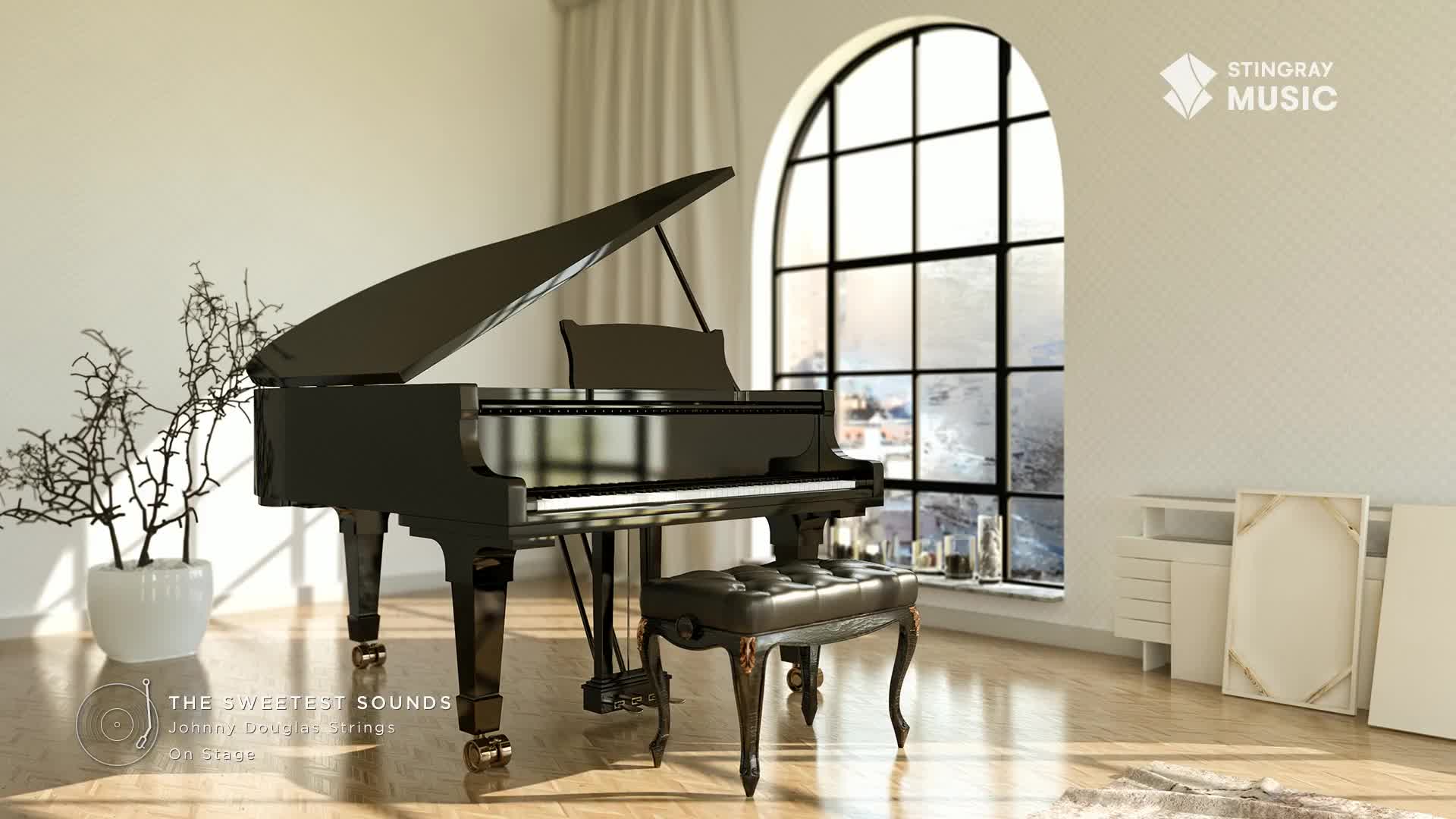 A gleaming black grand piano sits ready, its lid propped open. Through the arched window, a Canadian winter scene unfolds, hinting at the easy listening melodies from Stingray Music.