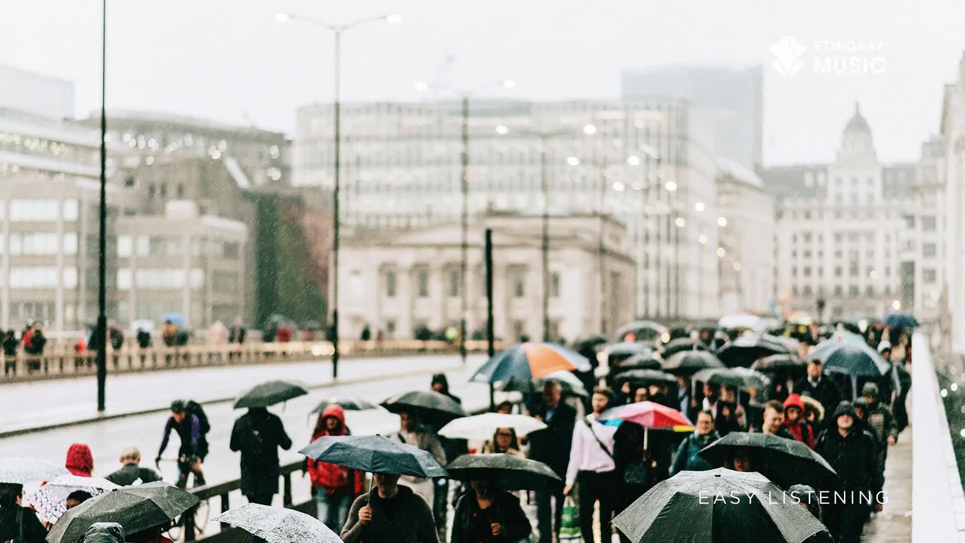 A crowd of people hurries along a bridge, their umbrellas a patchwork of colours against the grey sky. The rain is coming down steadily, making the buildings in the distance appear soft and hazy. A crowd of people hurries along a bridge, their umbrellas a patchwork of colours against the grey sky. The rain is coming down steadily, making the buildings in the distance appear soft and hazy.