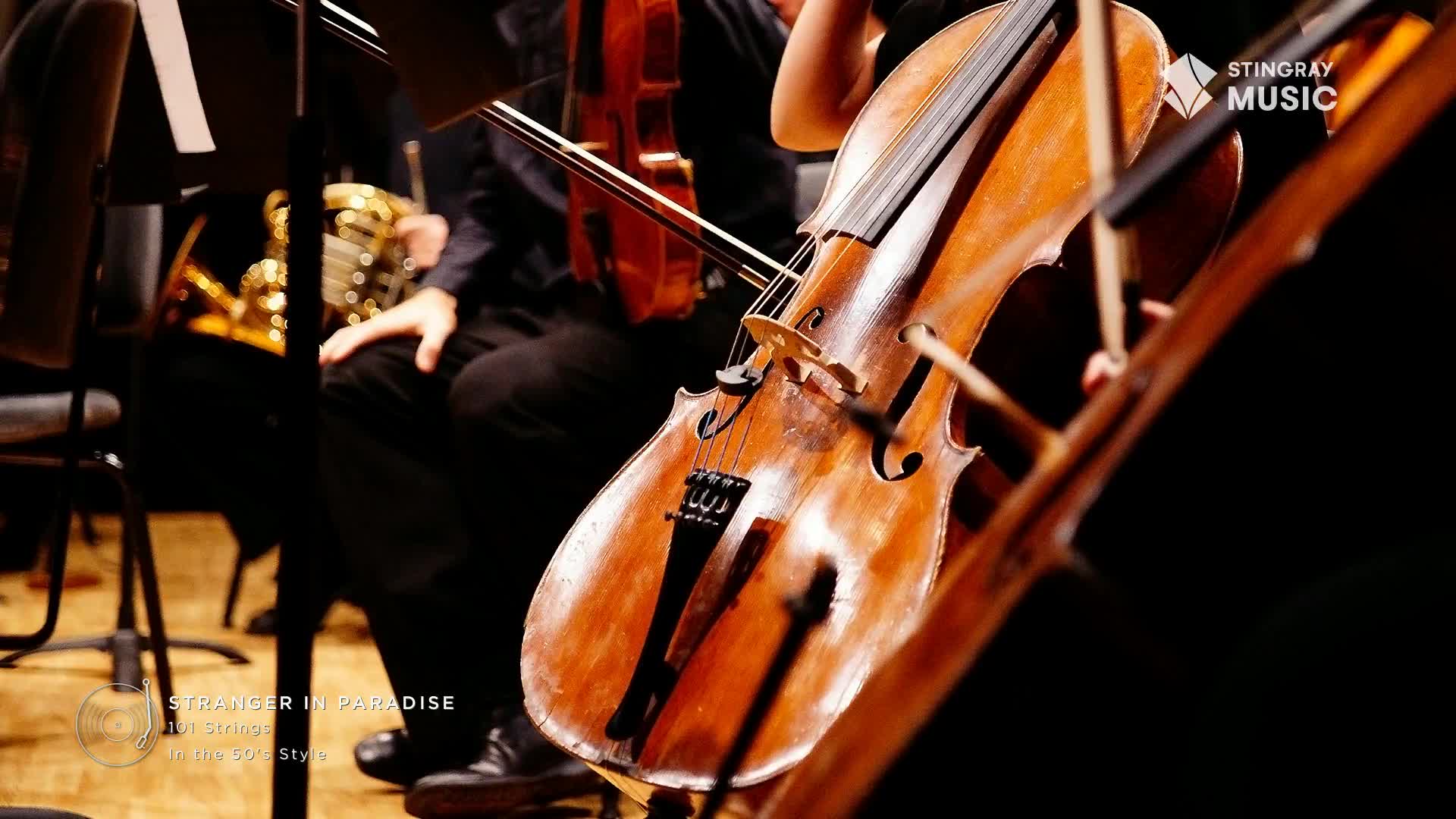 A cello's polished wood gleams as a bow glides across its strings, its rich tone filling the air. Behind it, a horn player's hands rest on their instrument, ready for their part in this Canadian performance.