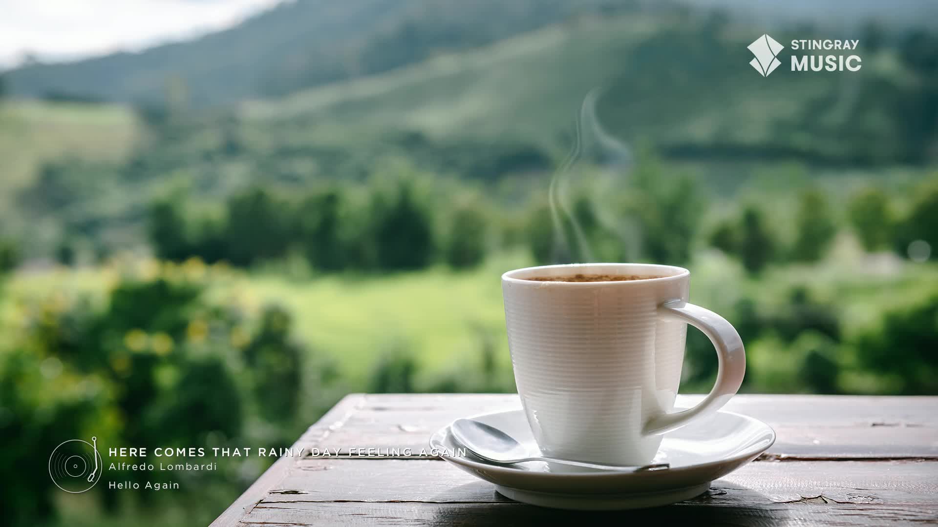 A steaming mug of coffee sits on a rustic wooden table, its warmth rising into the cool Canadian air. Beyond, rolling green hills stretch towards a soft, overcast sky, a perfect backdrop for Stingray Easy Listening.