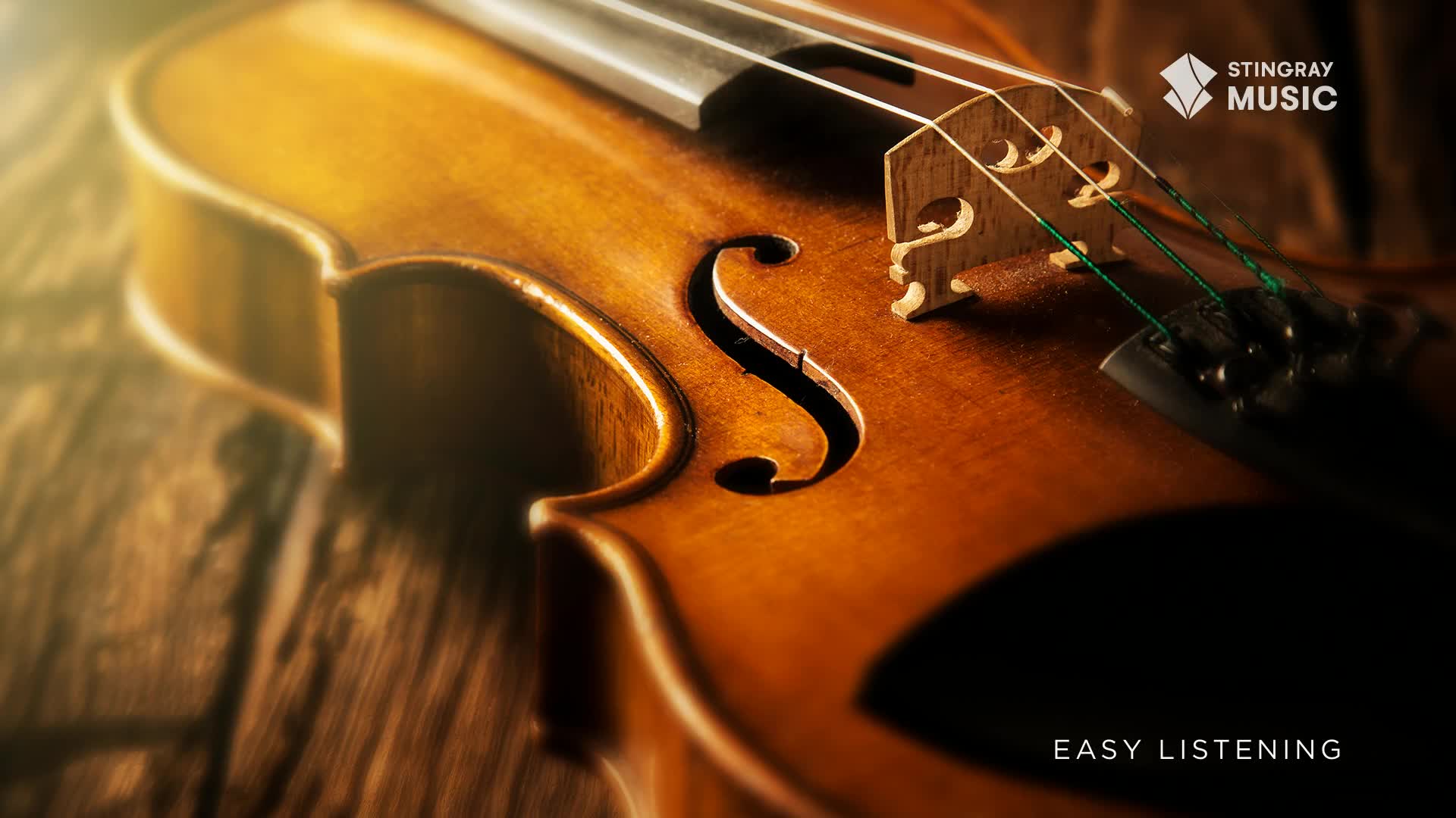 Sunlight catches the polished wood of a violin resting on a rustic table. The instrument's f-holes are clearly visible, and the green strings of the Stingray Easy Listening channel are taut.