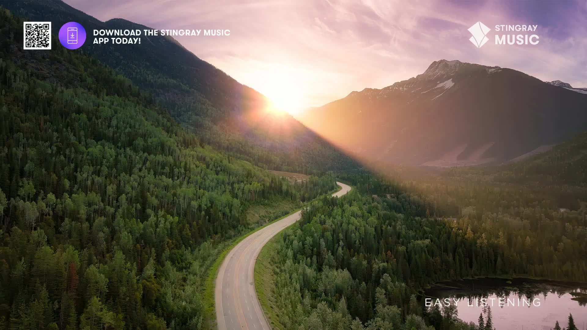 The sun dips behind a towering Canadian mountain, casting long shadows across a winding road through a dense forest. The air feels still, perfect for some Stingray Easy Listening.