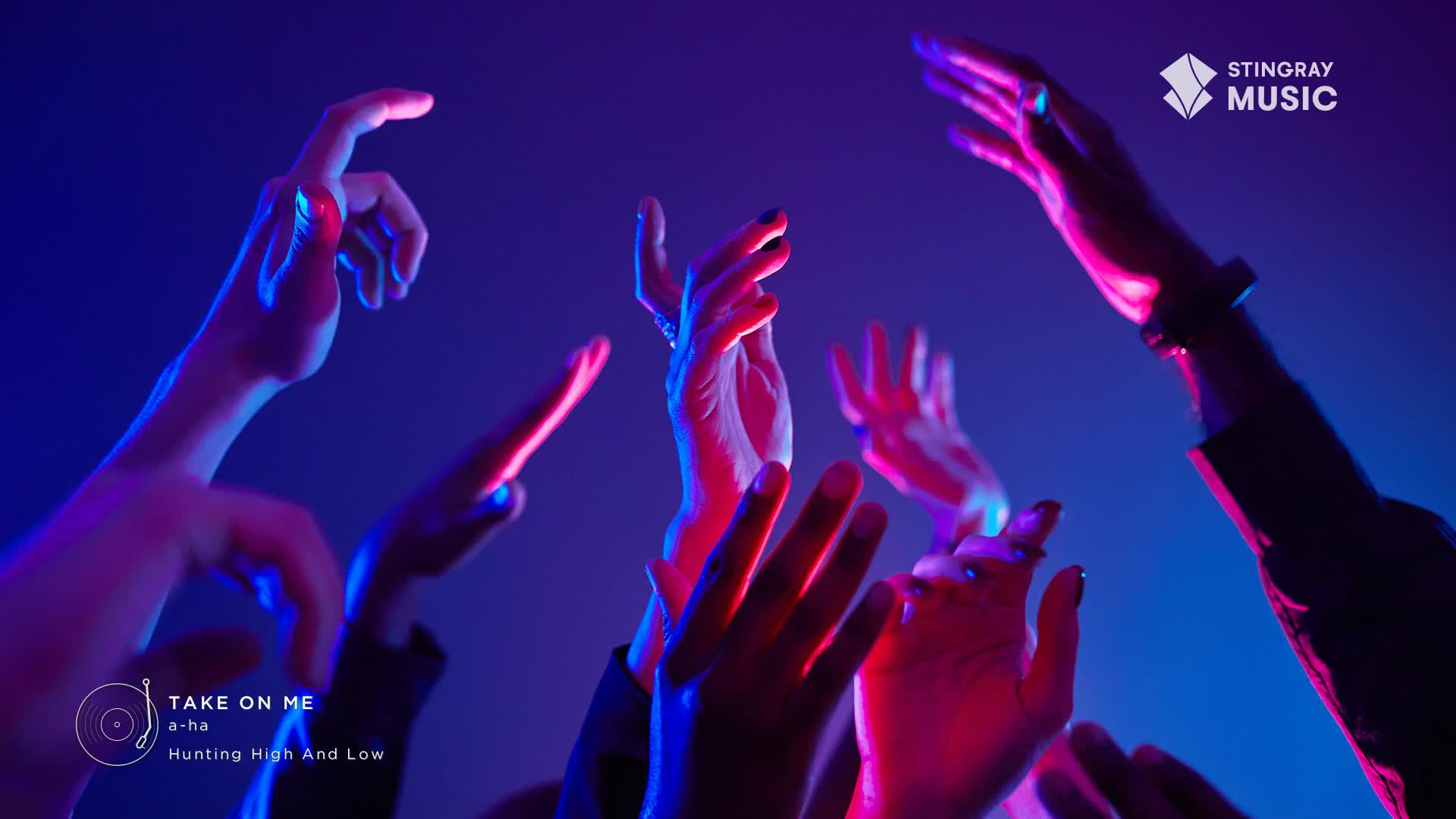 Hands are reaching up, illuminated by red and blue light, as if they're reaching for something. The Stingray Music logo is in the corner, and "Take On Me" by a-ha is playing.
