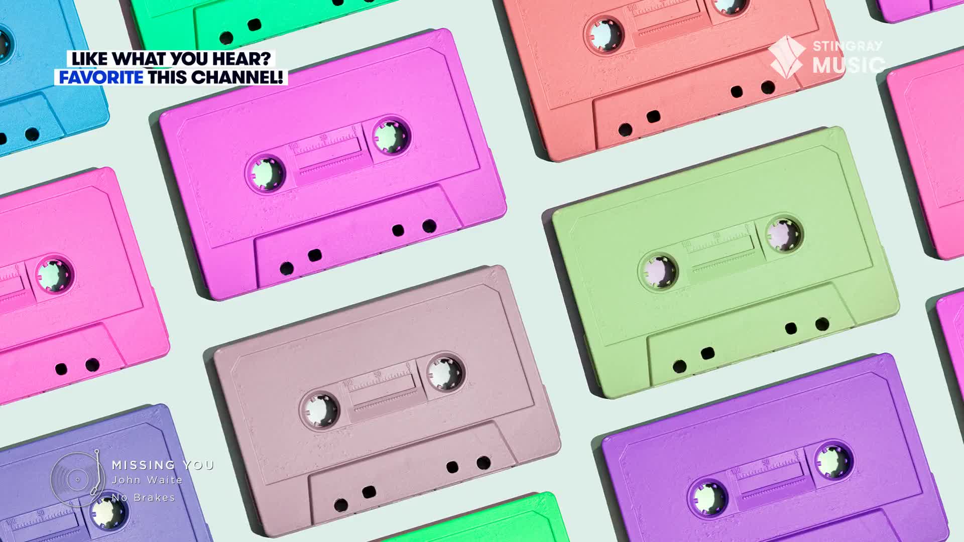Vibrant cassette tapes in shades of pink, green, and purple are scattered across a light blue background. The Stingray Music logo and a "Favorite This Channel" callout suggest this is for the Canadian channel, Everything '80s.

