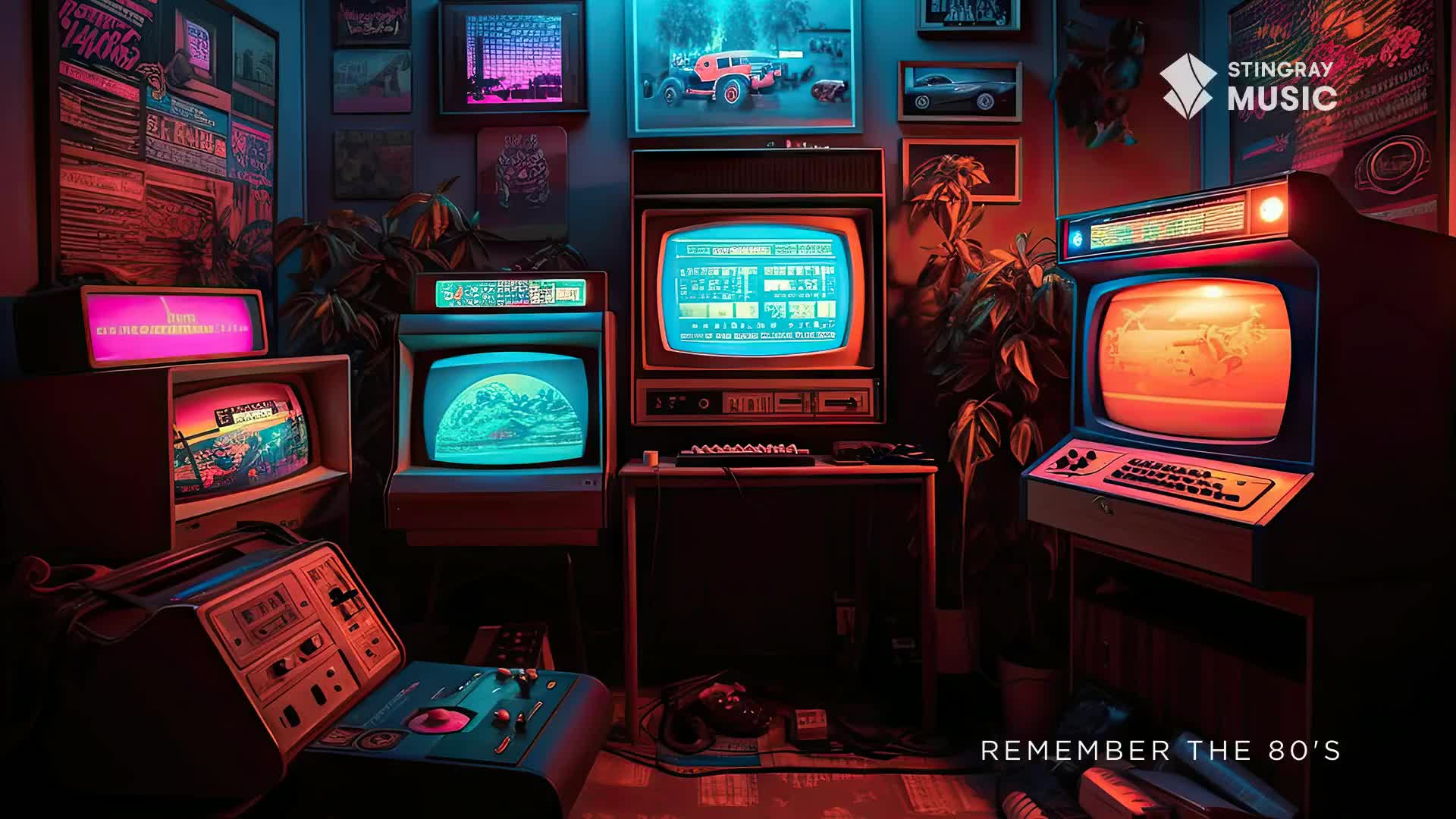 A collection of old screens glows with a neon-tinged light, recalling the era of Stingray Everything '80s. The room's ambiance is a nostalgic nod to Canada's past, with its vintage electronics and retro aesthetic.

