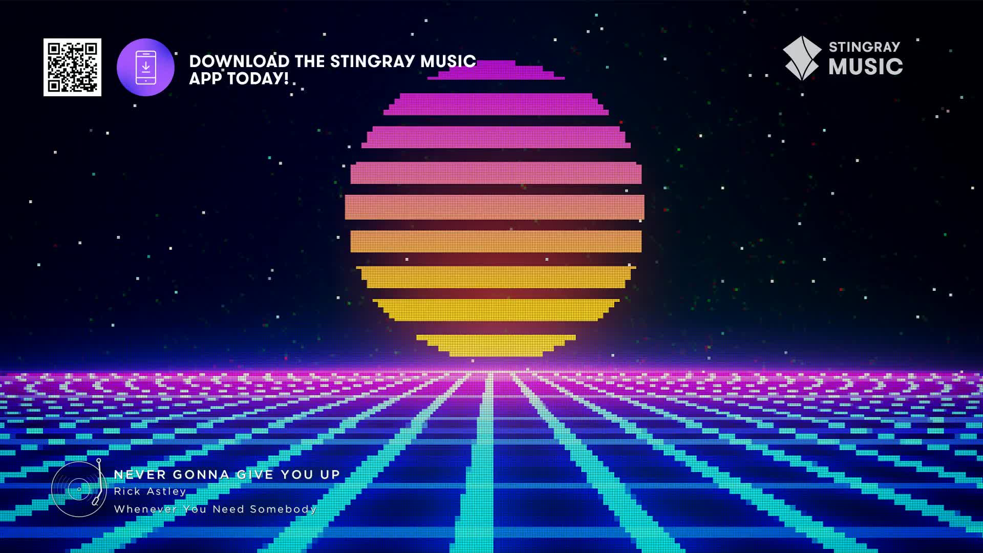 A pixelated sun sets over a grid, all in vibrant neon colours, like something out of a Stingray Everything '80s commercial. The song "Never Gonna Give You Up" by Rick Astley is playing.
