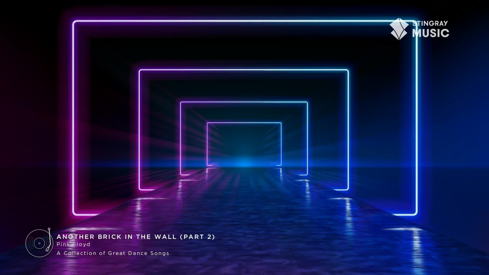 Neon squares, glowing in shades of purple and blue, recede into the distance. The Stingray Music logo sits in the corner, and the song title, "Another Brick in the Wall (Part 2)," is displayed below.
