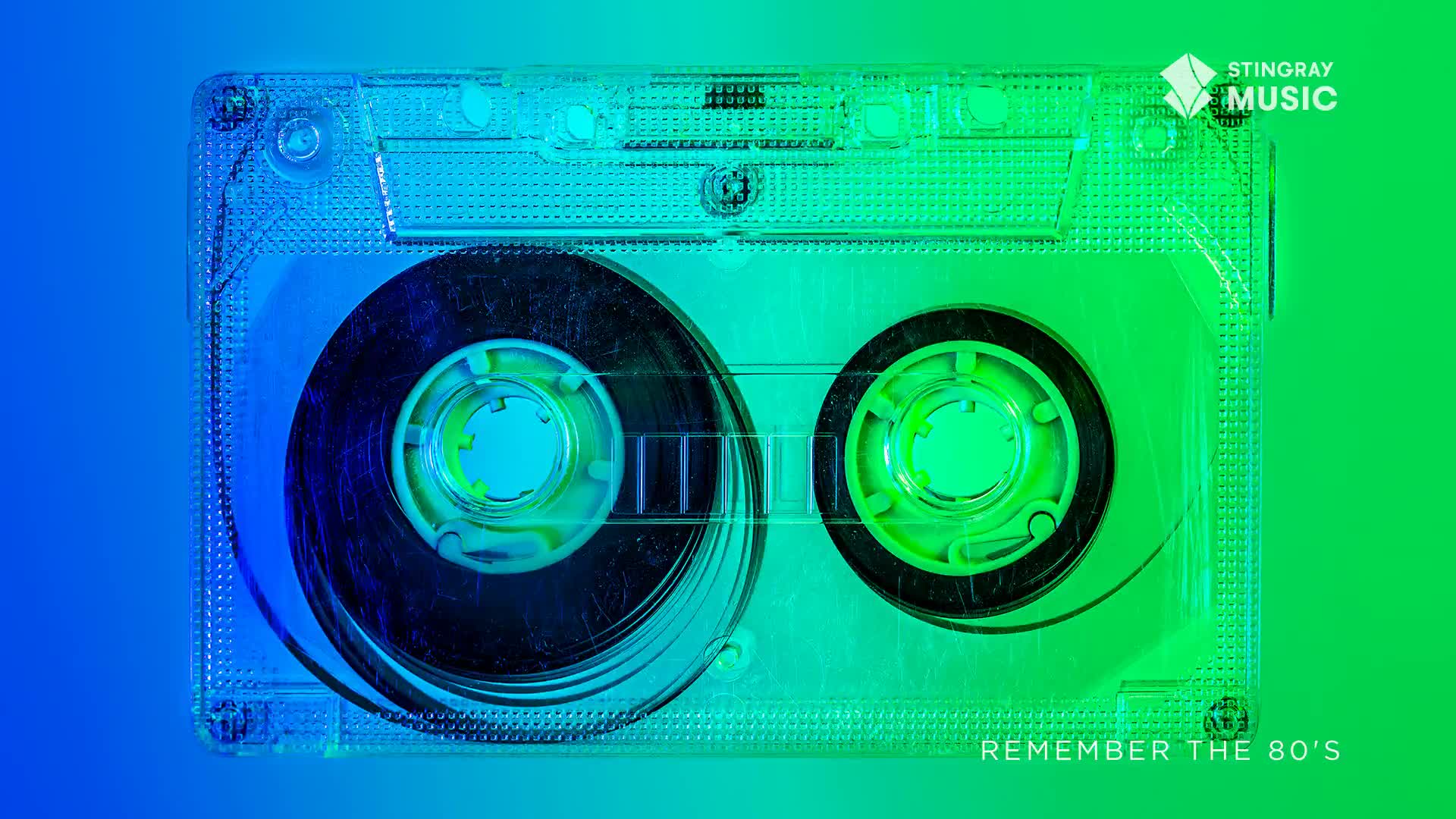 A clear cassette tape sits against a gradient of blue and green. The Stingray Music logo and "Remember the 80's" are visible.

