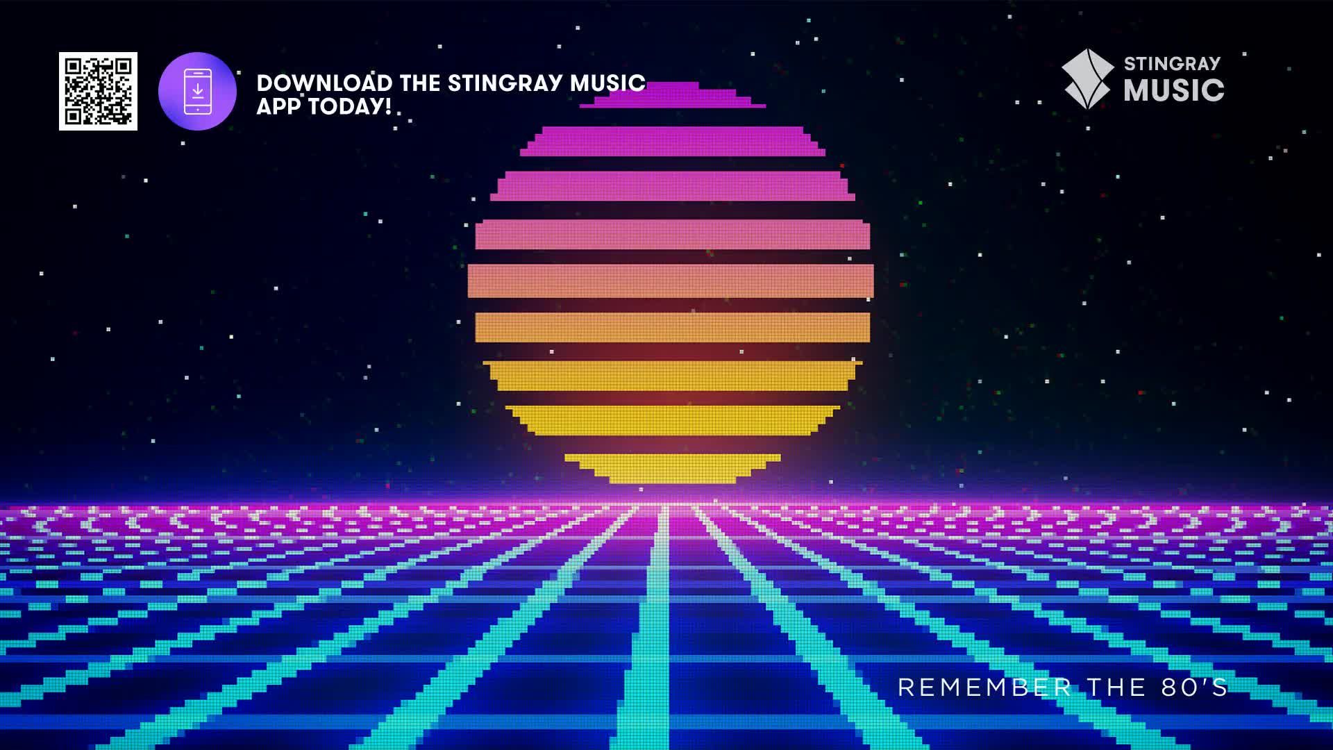 A pixelated sun, striped in vibrant hues, hangs above a grid that recedes into the distance. The Stingray Music logo and a call to download the app are visible in the upper left.
