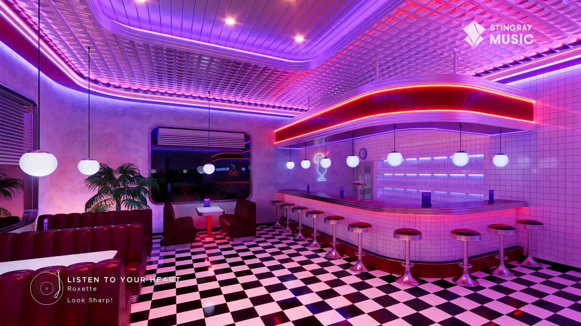 The diner is bathed in neon light, with a red glow outlining the counter.  Black and white checkered tiles lead the eye across the floor.
