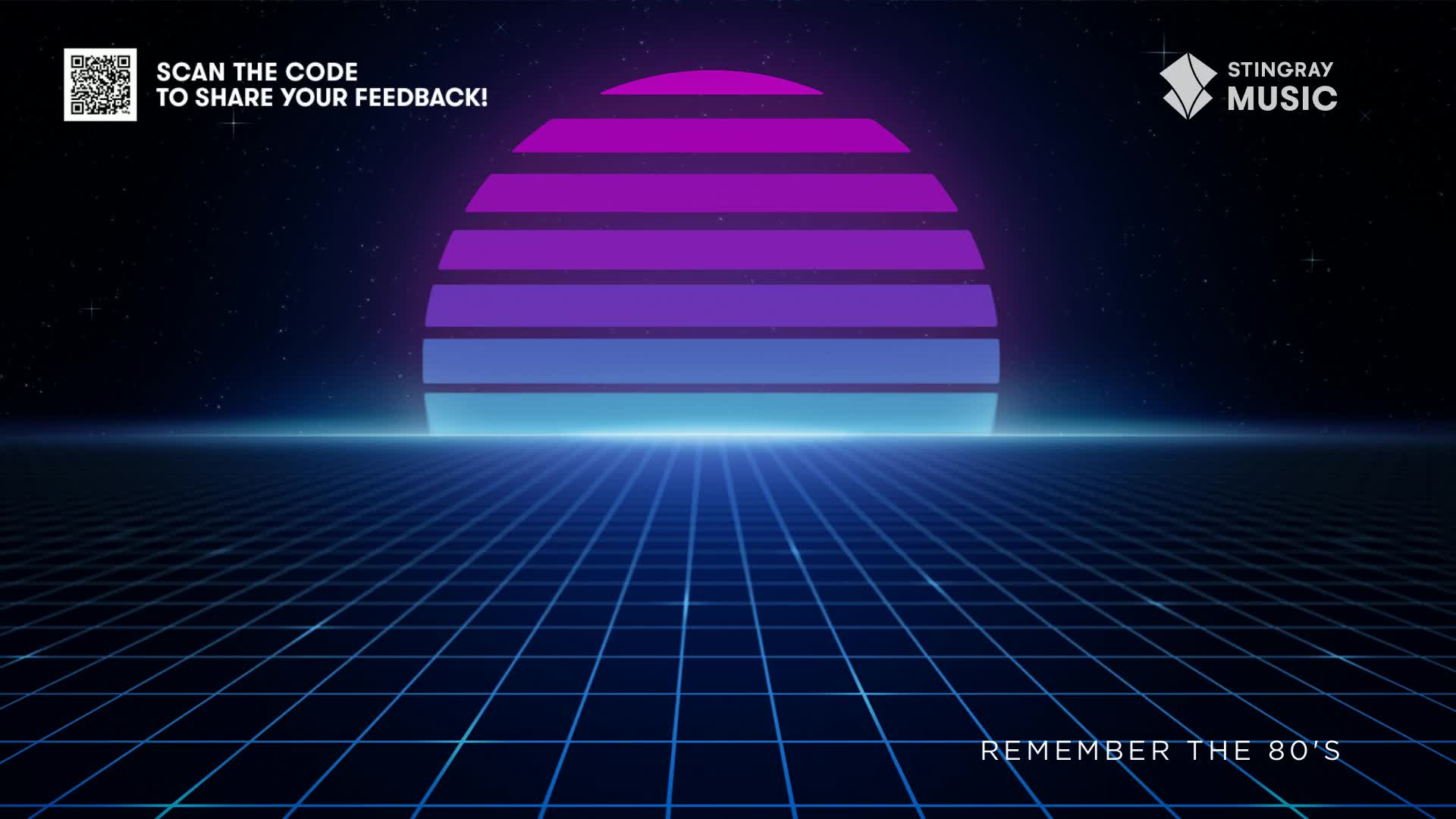 A retro-style sun, striped in shades of purple and blue, rises above a glowing grid. Beneath it, the words "Remember the 80's" appear, a nostalgic nod to the Stingray Everything '80s broadcast from Canada.
